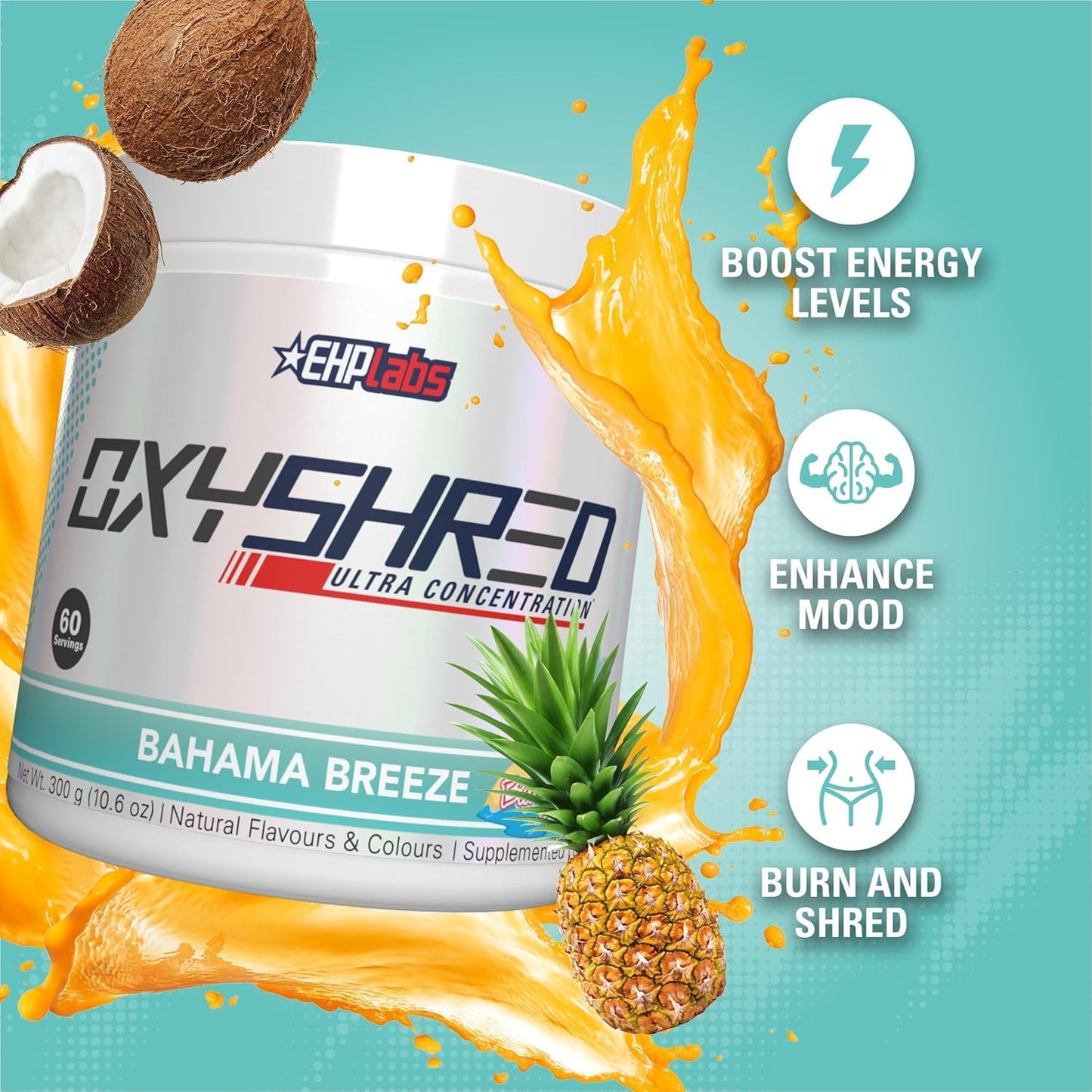 EHP Labs OxyShred Pre Workout Powder - Preworkout Powder with L Glutamine & Acetyl L Carnitine, Energy Boost Drink - Bahama Breeze, 60 Servings