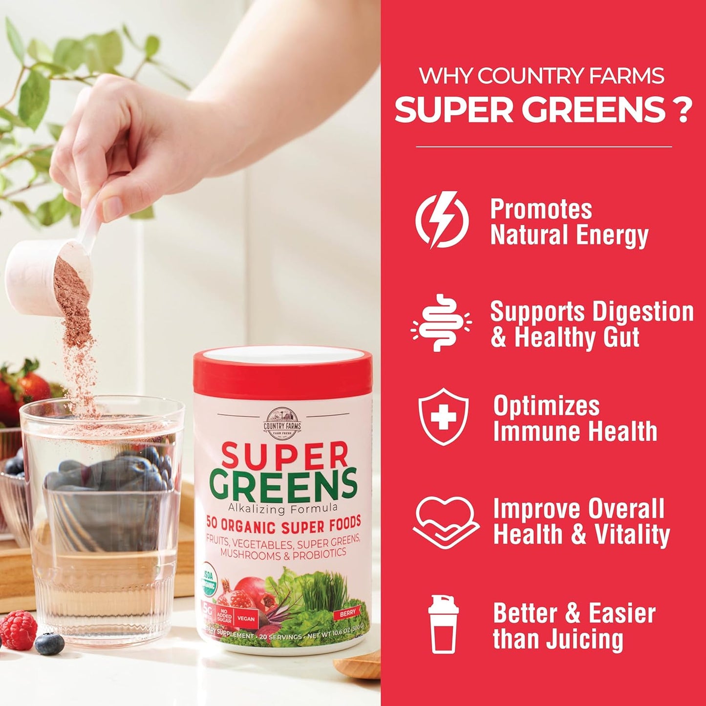 Country Farms Organic Super Greens Berry Flavor, 50 Organic Super Foods, Packed with Fiber, USDA Organic Drink Mix, Fruits, Vegetables, Mushrooms & Probiotics, Supports Energy, 5g Fiber