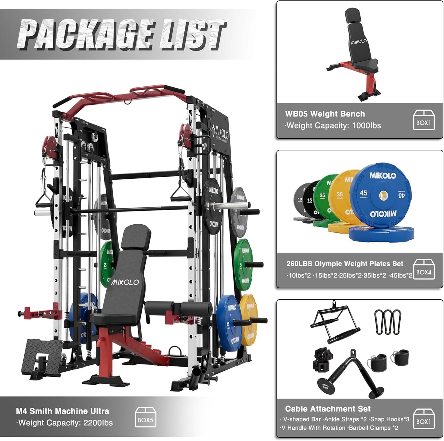 Mikolo Smith Machine, 2200lbs Squat Rack with LAT-Pull Down System & Cable Crossover Machine, Training Equipment with Leg Hold-Down Attachment