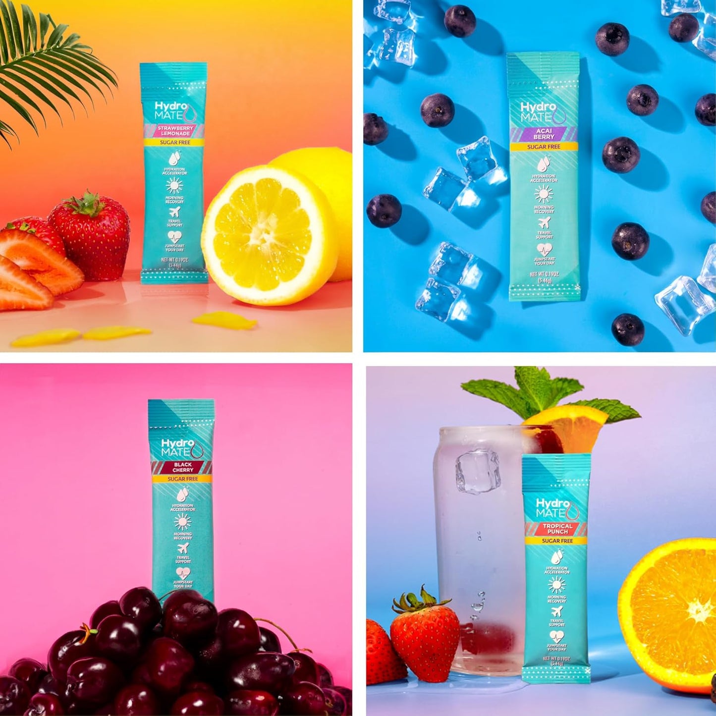 Electrolyte Powder Sugar-Free Hydration Packets Variety Pack HydroMATE 30 Sticks