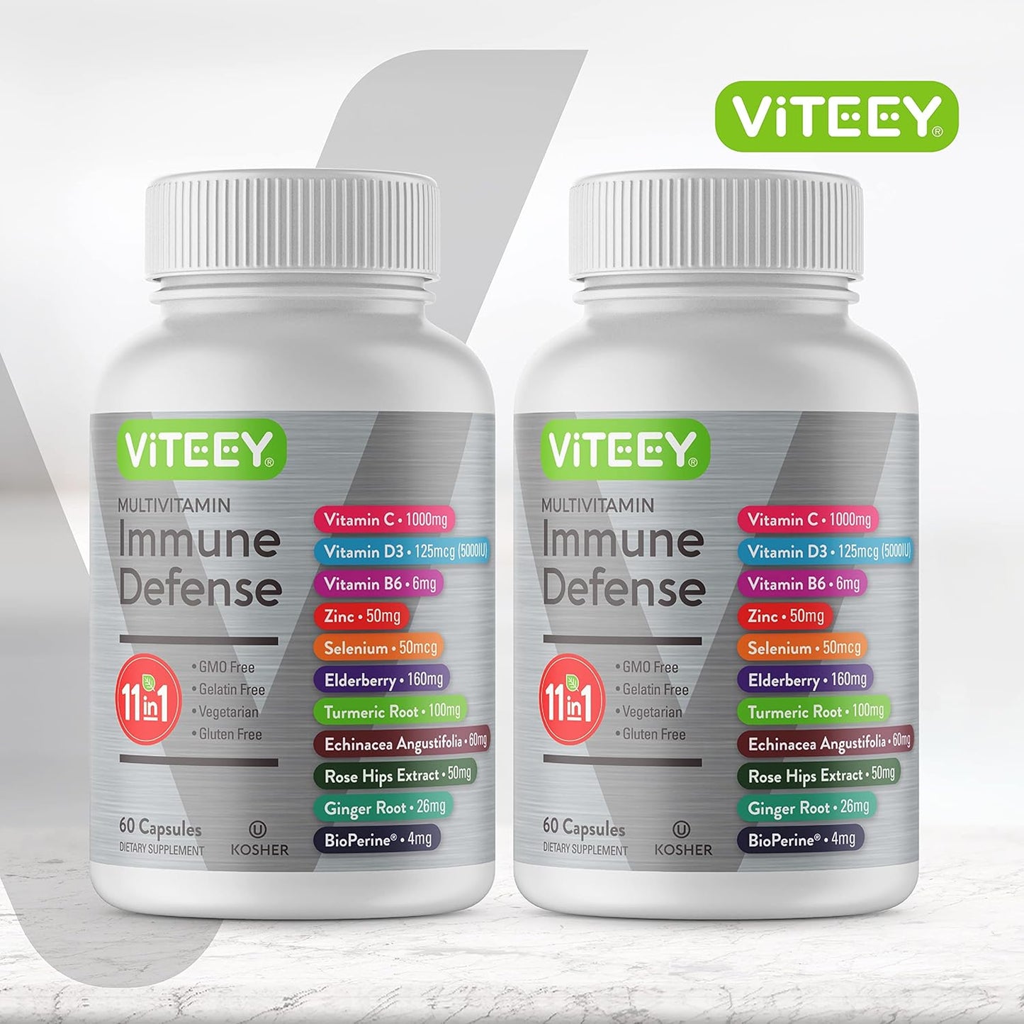VITEEY 11 in 1 Immune Support Supplement - Immune Defense with Vitamin D3, B6, Echinacea, Turmeric, Rose-HIPS, Selenium, BioPerine, Ginger, Elderberry Vitamin C and Zinc - 120 Count