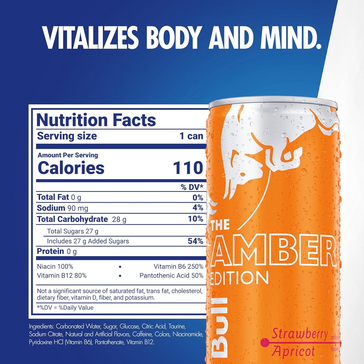 Red Bull Amber Edition Energy Drink, Strawberry Apricot, with 80mg Caffeine plus Taurine & B Vitamins, 8.4 Fl Oz, Pack of 24 Cans
