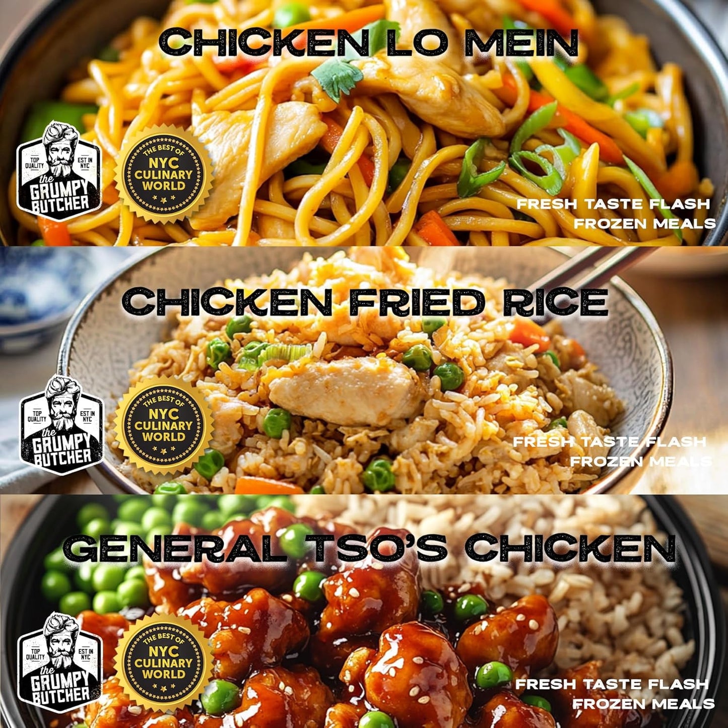 Grumpy Butcher Asian Meals Set – 6 Pack (10-15 oz each) – Chicken Lo Mein, Fried Rice, General Tso’s – Authentic Recipes Prepared Meals Ready to Eat