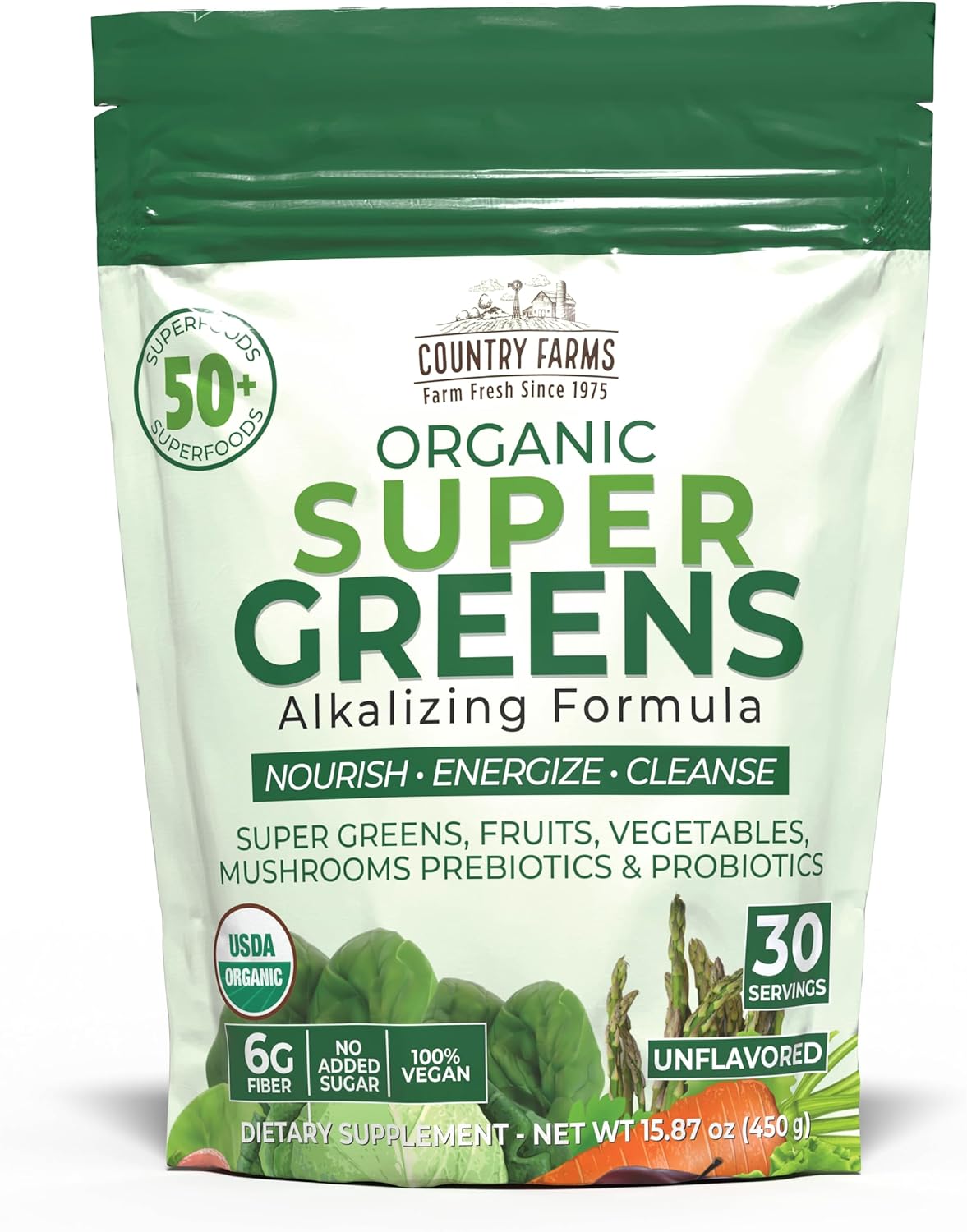 Country Farms Super Greens Natural Flavor, 50 Organic Super Foods, USDA Organic Drink Mix (Wheat Grass, Spirulina, Chlorella) Mushrooms & Probiotics, Fiber, Gut Health, Natural Energy, 30 Servings
