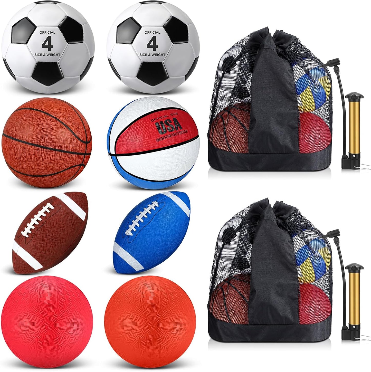Liliful 8 Pcs Sport Balls Set with Pump Mesh Bag Gifts for Kid Teen Operation Christmas Basketball Soccer Football Playground Ball for Christian Charity Donation Student Team PE Class