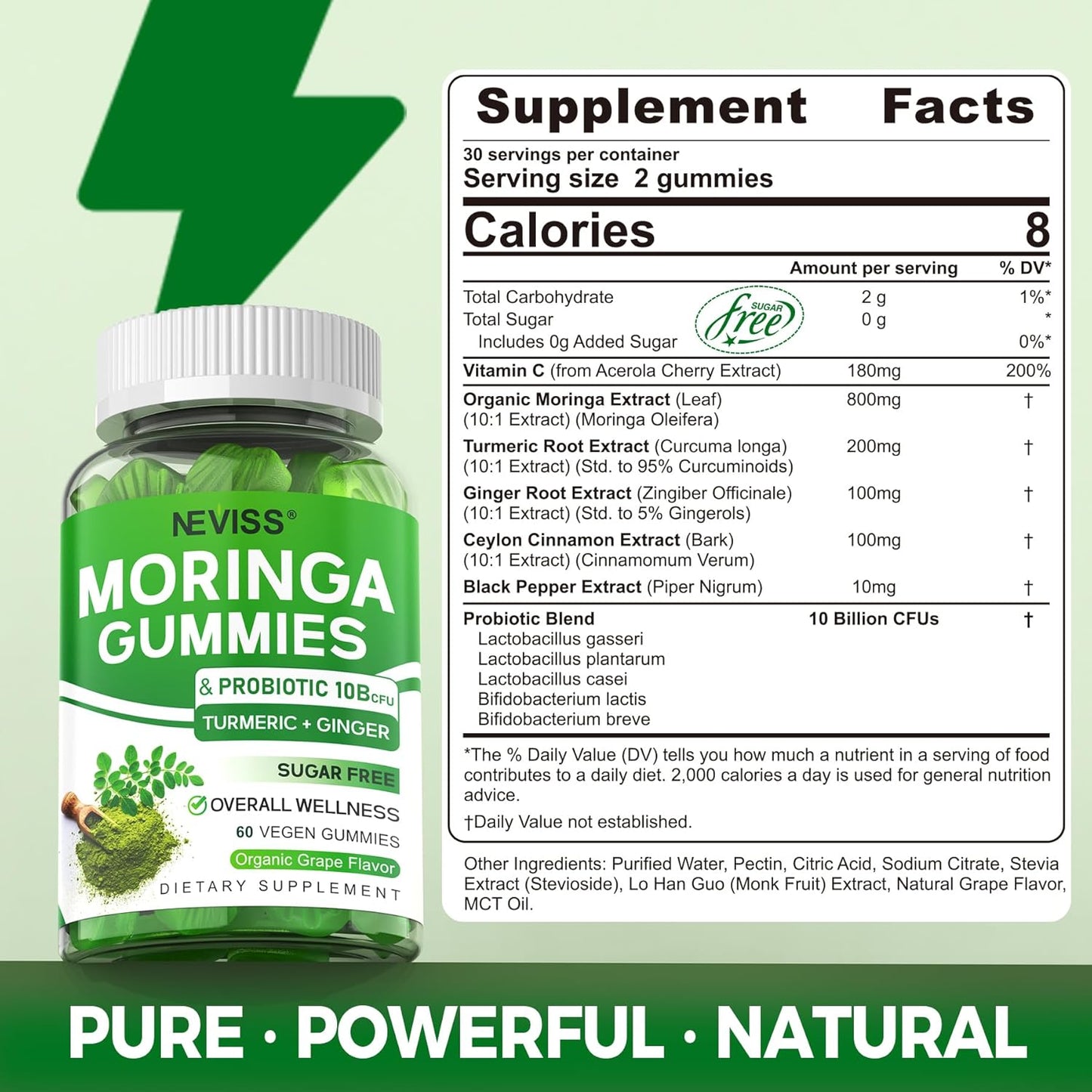 Moringa Gummies for Women Men, Sugar Free, Vegan, with 10 Billion CFU Probiotic Turmeric Ginger Ceylon Cinnamon, Chewable Organic Pure Moringa Leaf Supplement for Adults | Gut & Immune Support, 60Cts