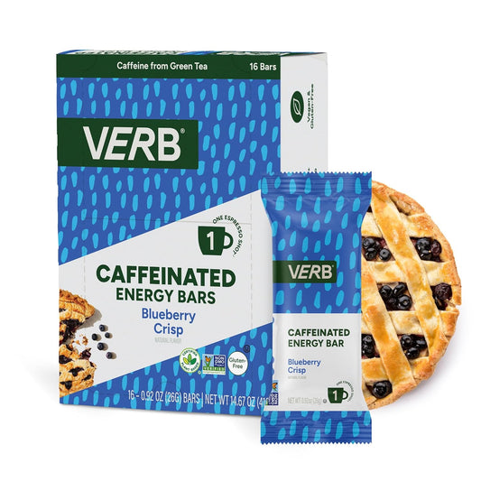 Verb Caffeinated Energy Bars Blueberry Crisp (26g, Pack of 16) 110-Calorie Delicious Low Sugar Energy Bar - Vegan Gluten Free On-the Go Snack with 80mg Green Tea Caffeine, Only Real-Food Ingredients