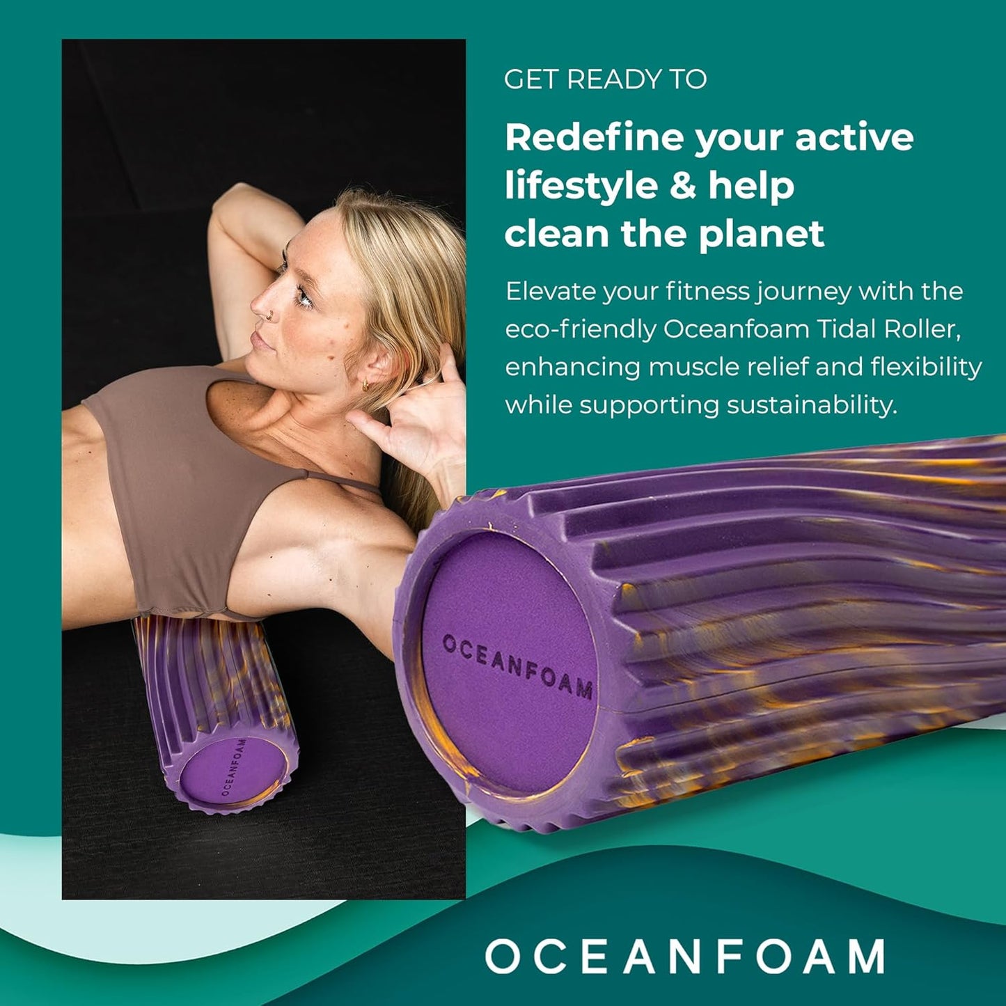 Oceanfoam Tidal Roller - Purple, Gold & Natural Marbled - Muscle Massage Foam Roller for Back Pain & Stretching - Firm & Ergonomic Wide Wave Textured - Yoga, Athletics, Wellness - Full Size, 20" x 5"