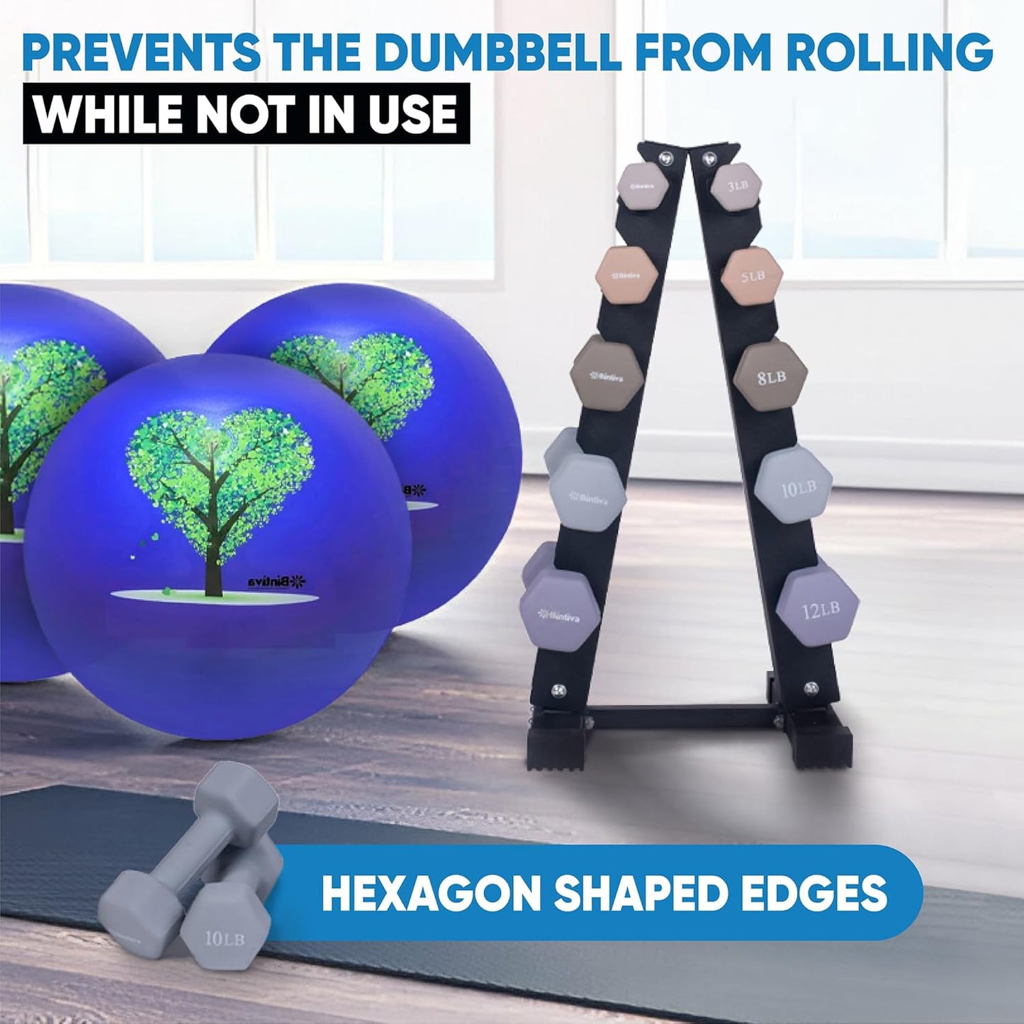 Dumbbell Set with Rack - Neoprene Coated Weights with Stand - Hex Color Coded Dumbell Pairs 1-20 LBs