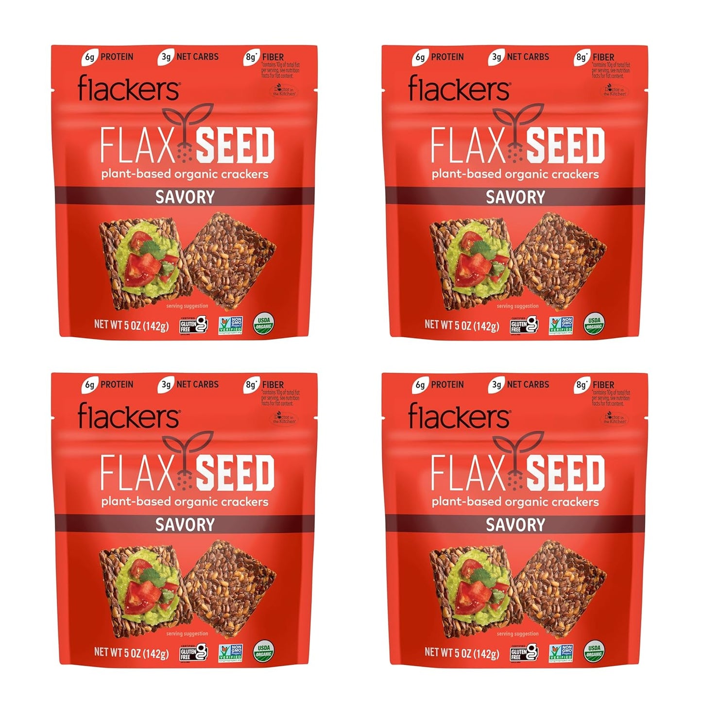 Flackers Organic Savory Flaxseed Crackers, 5 Ounce 4-Pack, Gluten Free, Non GMO, Vegan, Keto Snack, 8g Fiber, 3g Net Carbs