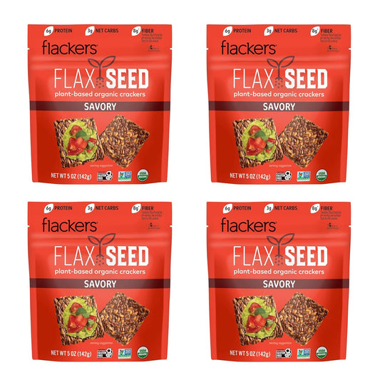Flackers Organic Savory Flaxseed Crackers, 5 Ounce 4-Pack, Gluten Free, Non GMO, Vegan, Keto Snack, 8g Fiber, 3g Net Carbs