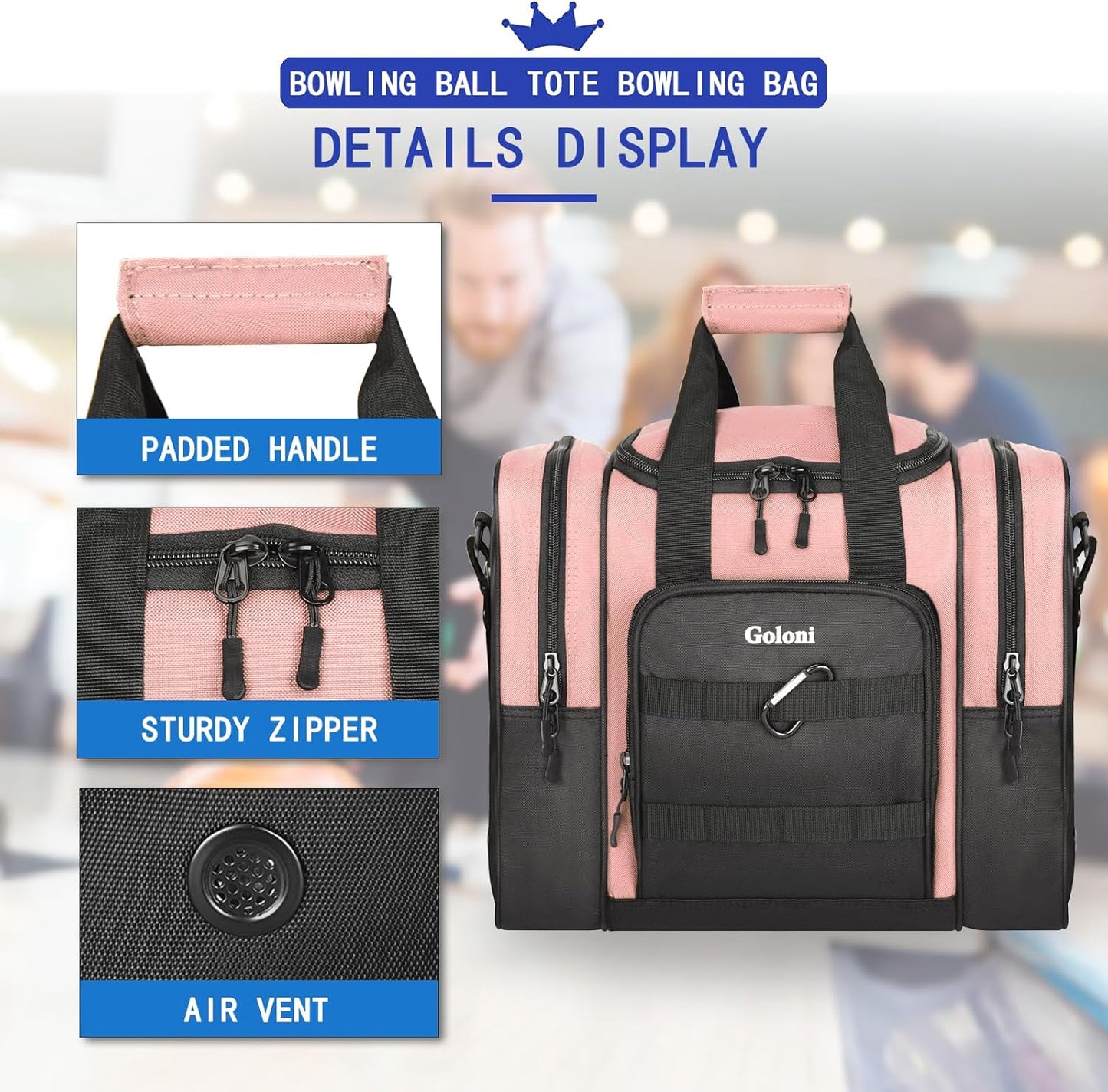 Goloni Bowling Ball Bag for Singer Ball with Padded Ball Holder, 2 Pockets fit Bowling Shoes Up to Mens Size 14 and Accessories