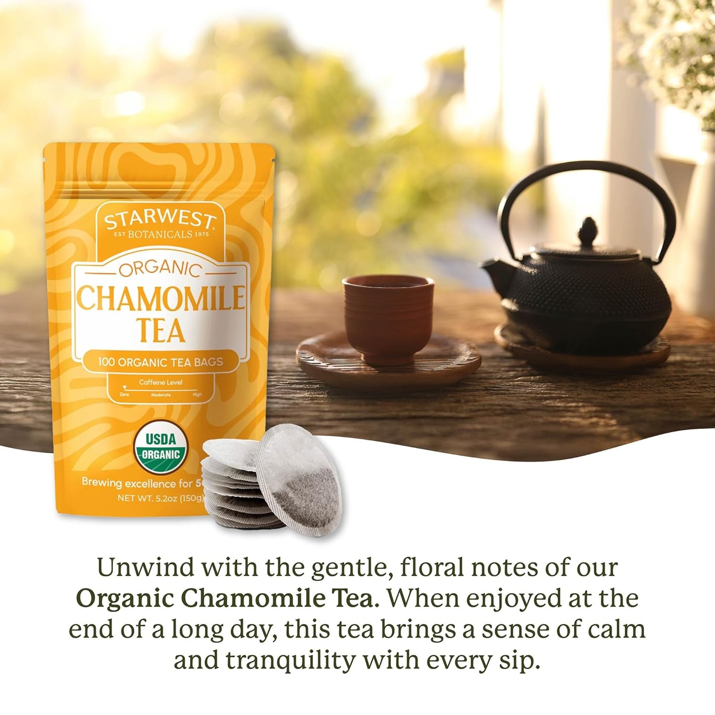 Starwest Botanicals Organic Chamomile Tea - Caffeine Free Herbal Tea, Supports Sleep & Relaxation, String Free Sachets, USDA Organic Chamomile, Non GMO - Bulk Pack, 100 Tea Bags
