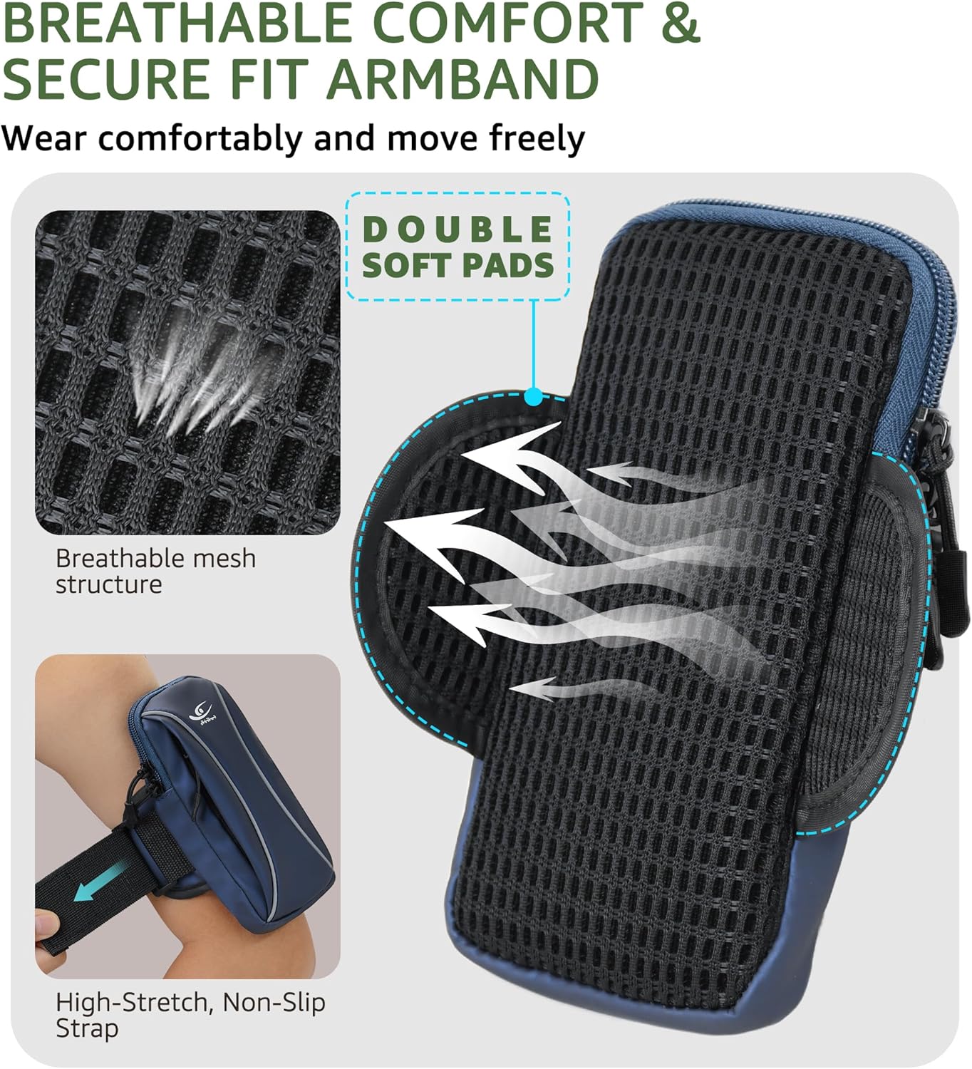 HiRui Arm Bag & Wrist Bag Phone Holder, Sports Running Armband for Gym, Cycling & Workout, Compatible with iPhone 16/15/14 Series, Samsung Galaxy & More, Reflective, Adjustable, Secure Fit (Blue)