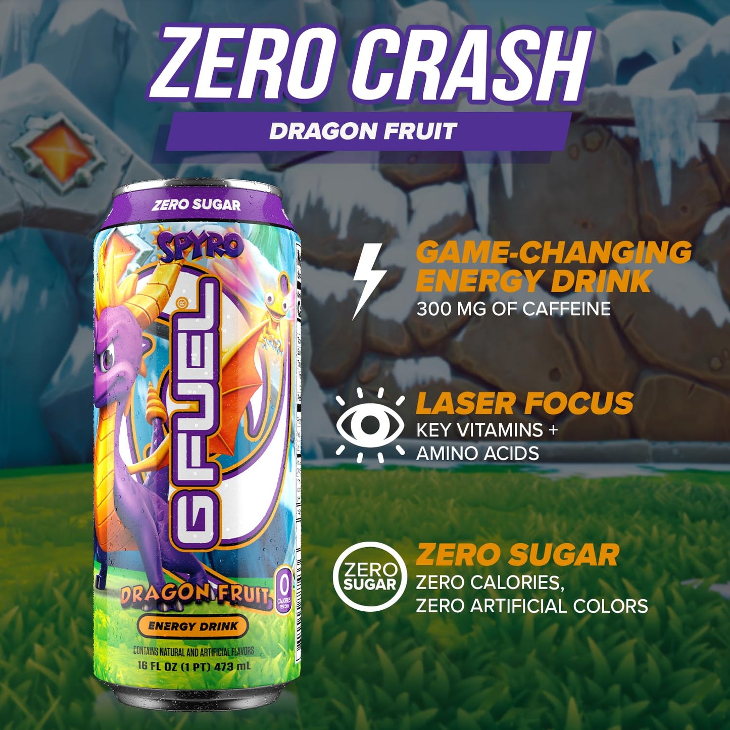 G Fuel Energy Drink, Dragon Fruit, Sugar Free Beverage with 140mg Caffeine, Daily Energy Boost with Focus Amino, Vitamin + Antioxidants, 16 oz Cans (Spyro the Dragon, 12-Pack)