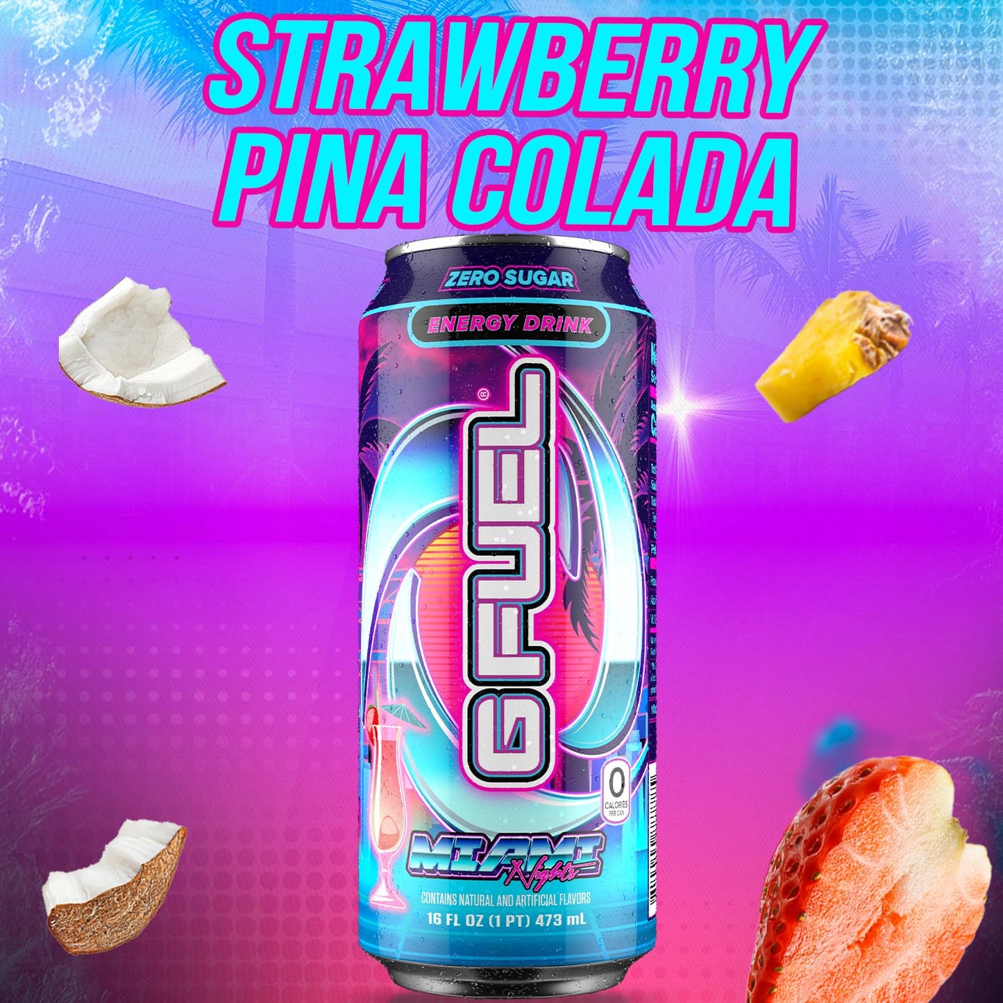 G Fuel Energy Drink, Strawberry Pina Colada, Sugar Free Beverage with 140mg Caffeine, Daily Energy Boost with Focus Amino, Vitamin + Antioxidants, 16 oz Cans (Miami Nights, 12-Pack)