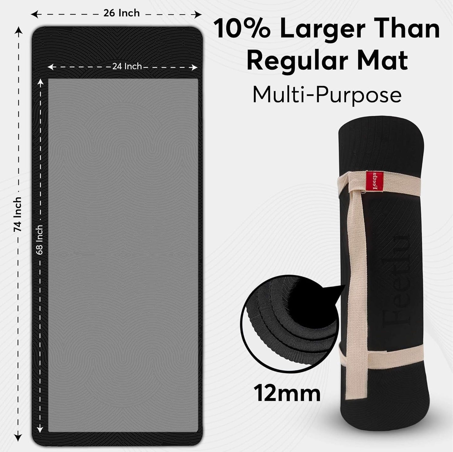 Extra Thick 12mm Exercise Mat – Non-Slip, Joint-Friendly & Cushioned Fitness Mat for Yoga, Pilates & Floor Workouts – Durable, Supportive & Includes Feetlu Classic Strap