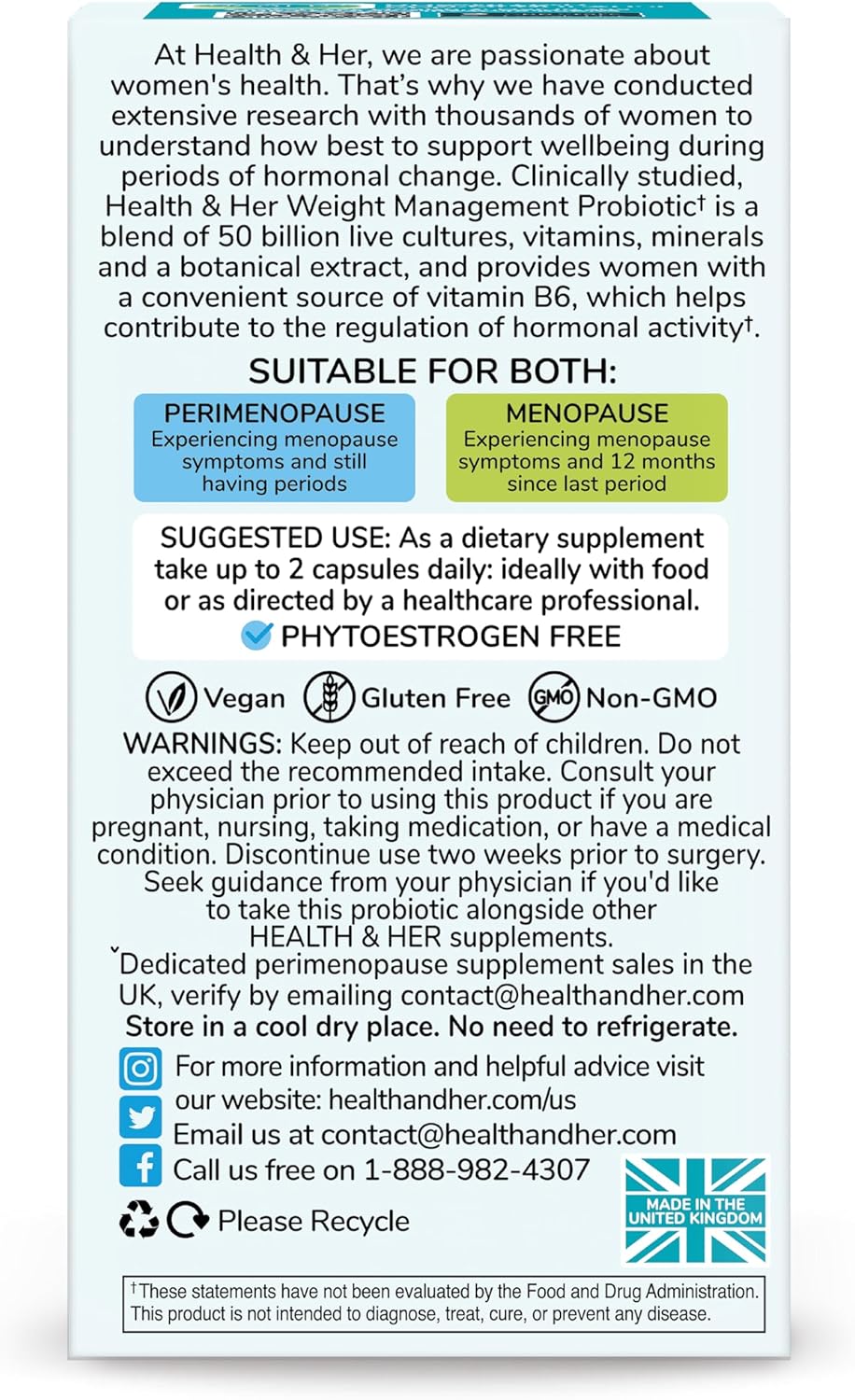 Health & Her Weight Management Probiotics for Women - Perimenopause & Menopause Supplement - Clinically Studied 50bn CFU Probiotics to Support Gut Health, Energy, Mood & Mind, Vegan (60 ct - 1 Month)