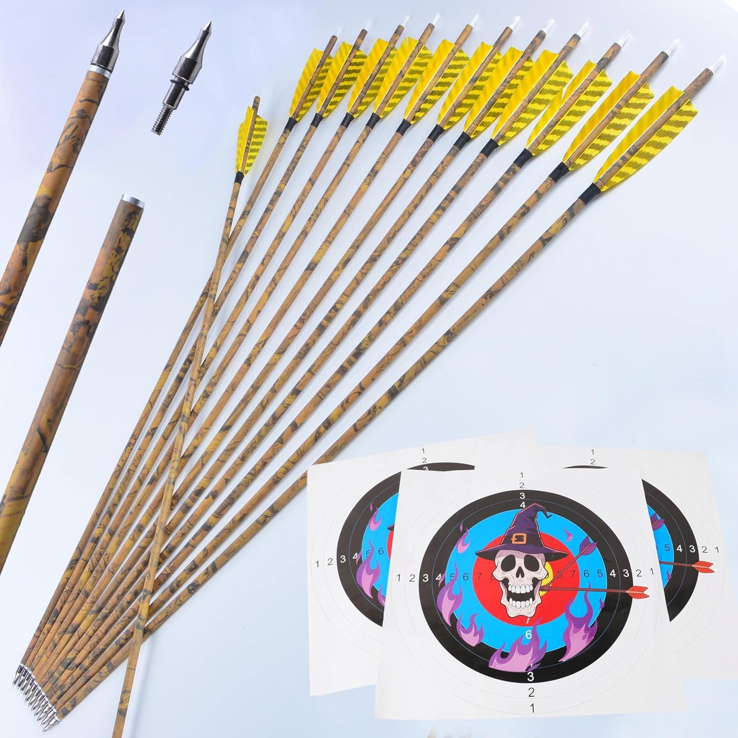 AMEYXGS Camo Carbon Arrow 30 Inch Practice Hunting Arrow Spine 500 with 4 Inch Turkey Feathers for Traditional Recurve Compound Bows