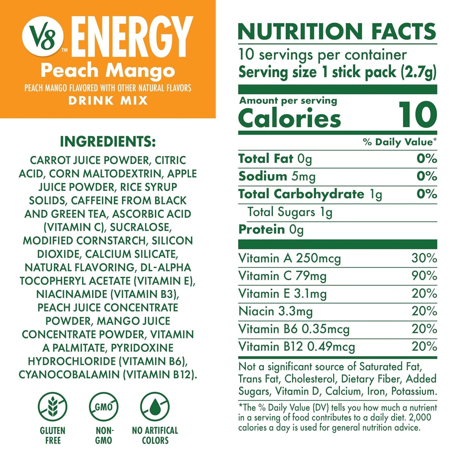 V8 Energy Peach Mango Energy Drink Powder, .10 oz Packet (120 Count)