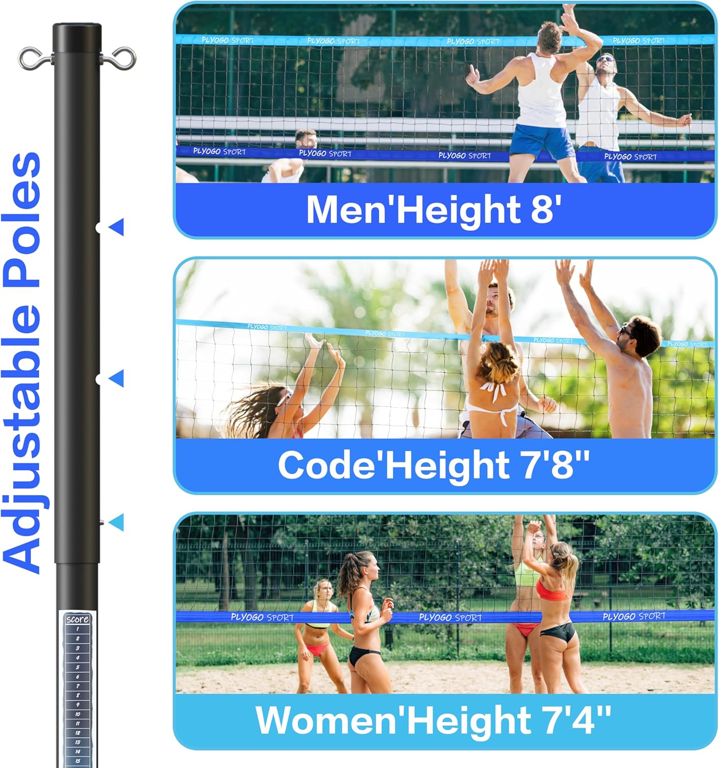 Volleyball Net for Backyard, Professional Portable Outdoor Heavy Duty Volleyball Net Set with Adjustable Aluminum Poles, Anti-Sag Design, Double Tension Adjuster for Beach, Grass |1680D Bag