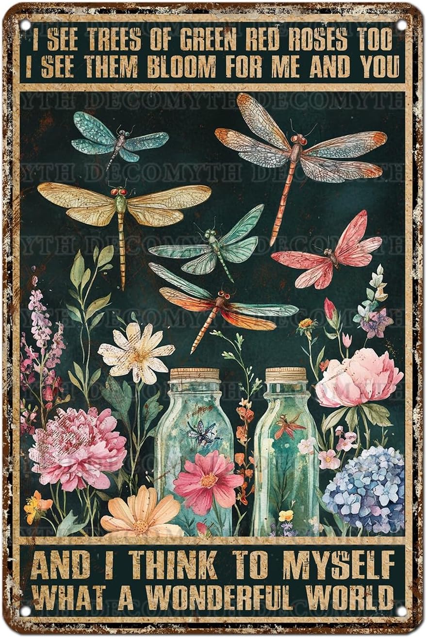Dragonfly Decor And I Think To Myself What A Wonderful World Vintage Metal Tin Sign Decorative Plaque Poster 12 * 8inch