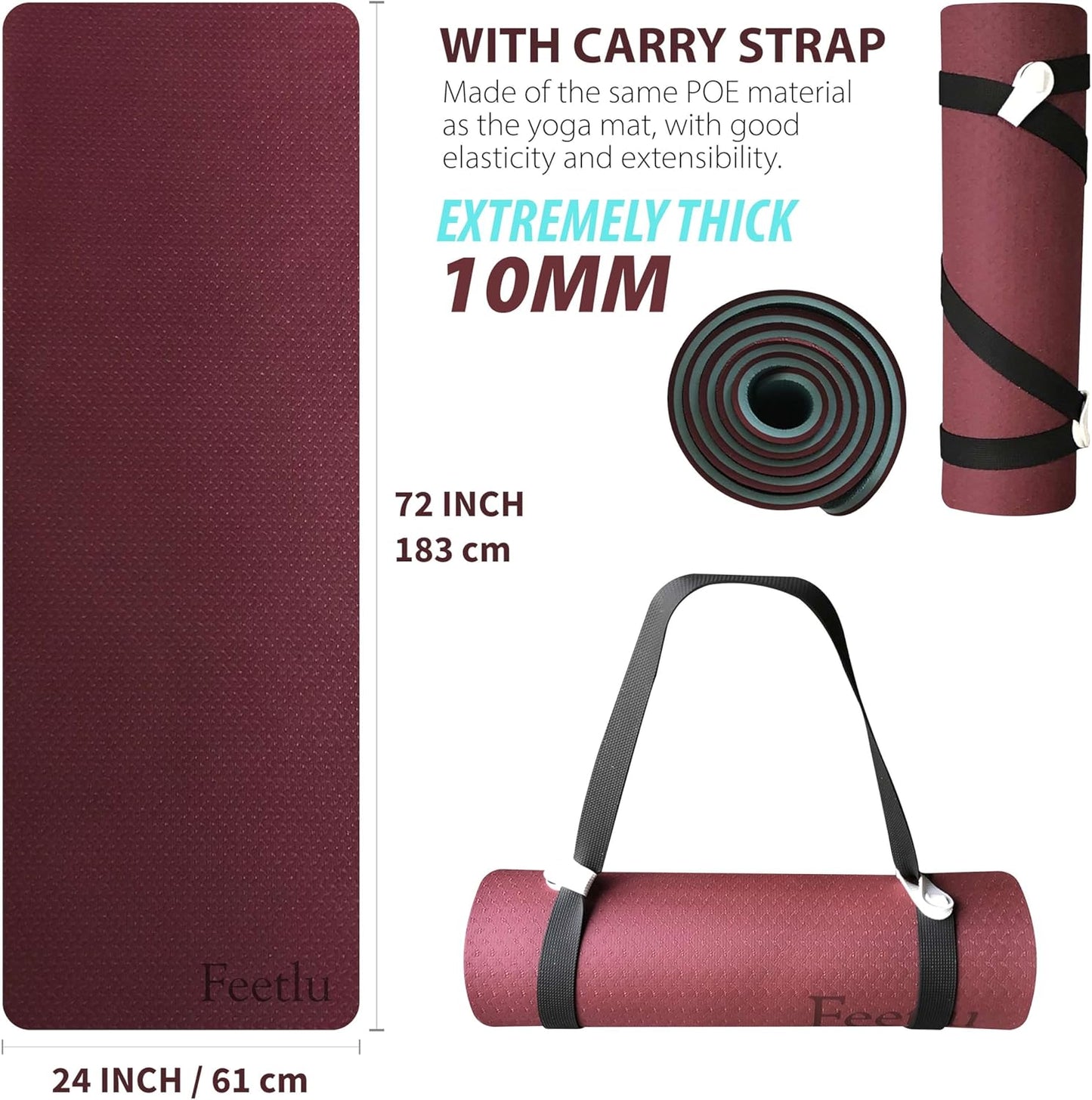 Extra Thick Exercise Yoga Mat with Strap - 2/5 Inch (10MM), Non-Slip Workout Mat for Yoga, Pilates, and Floor Exercises