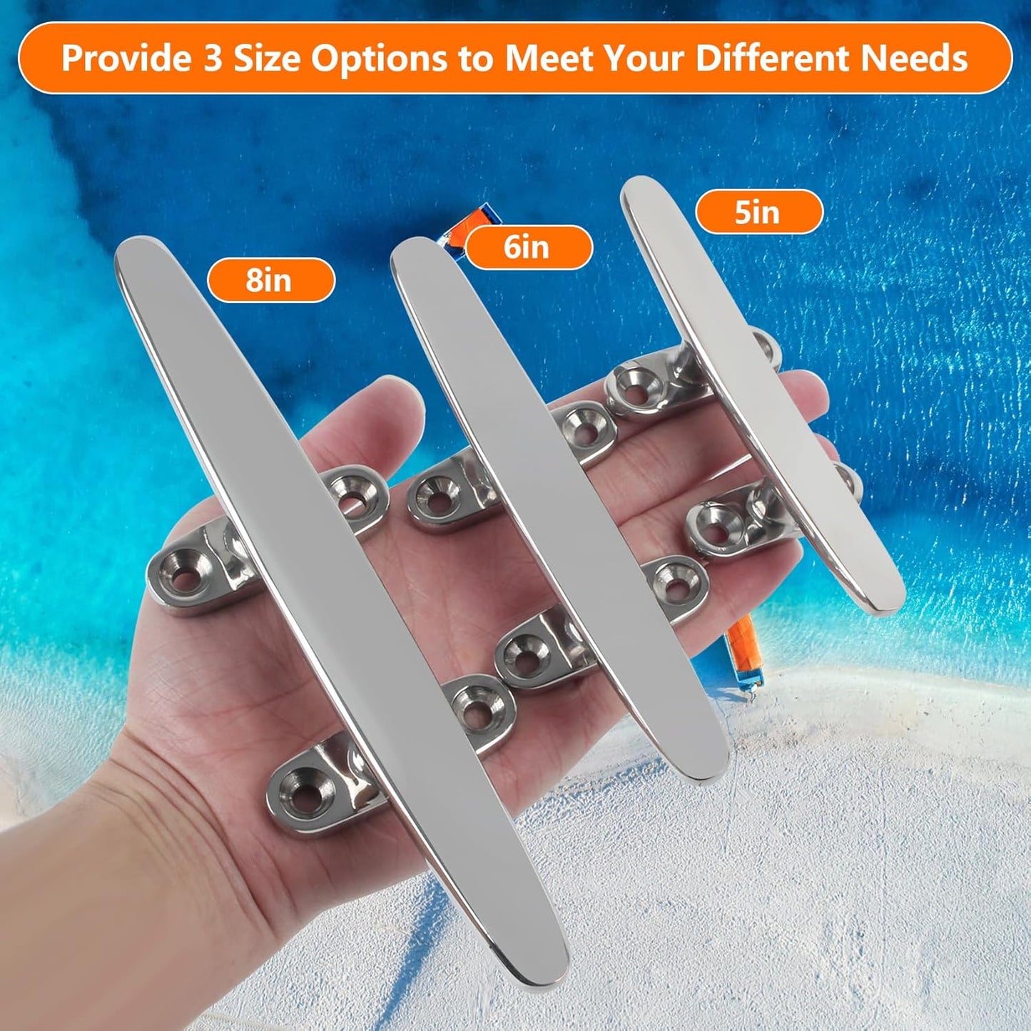 ORLANG 316 Stainless Steel Boat Cleats 5 Inch/6 Inch/8 Inch (3 Size), Open Base Dock Cleats with Fasteners, Boat Dock Cleat Rope Cleat for Boat Docks, Decks or Nautical Decor (4 Pack)