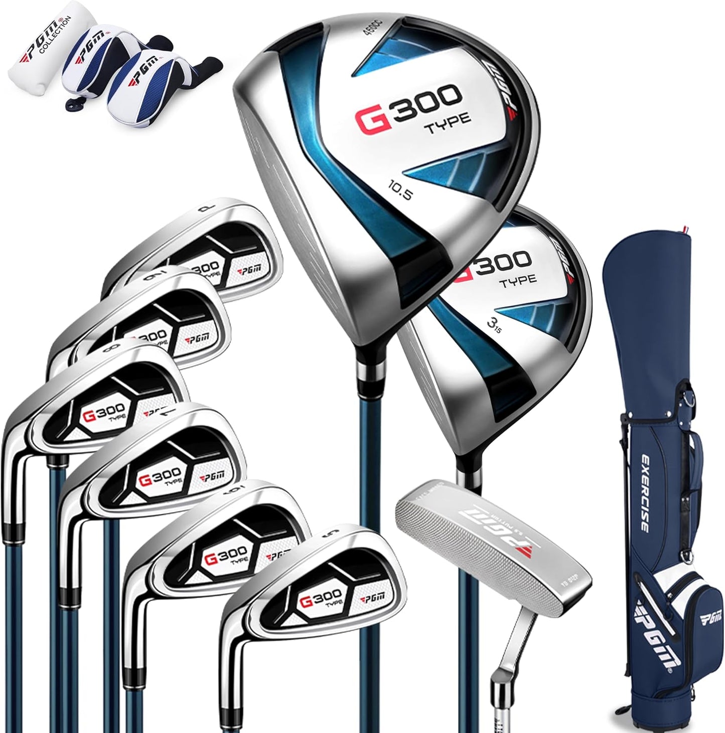 PGM Men's G Type Complete Golf Club Set - Titanium #1 Driver, Draw-Biased Hybrid, High-Strength Iron Set, High Forgiveness Putter, with Stand Bag