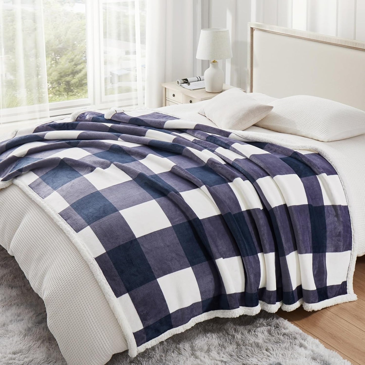 PU MEI Sherpa Blanket Fleece Throw Blanket Twin Plaid Thick Bed Blanket, Soft Warm Cozy Blue Checkered Throw Blanket 60"*80"