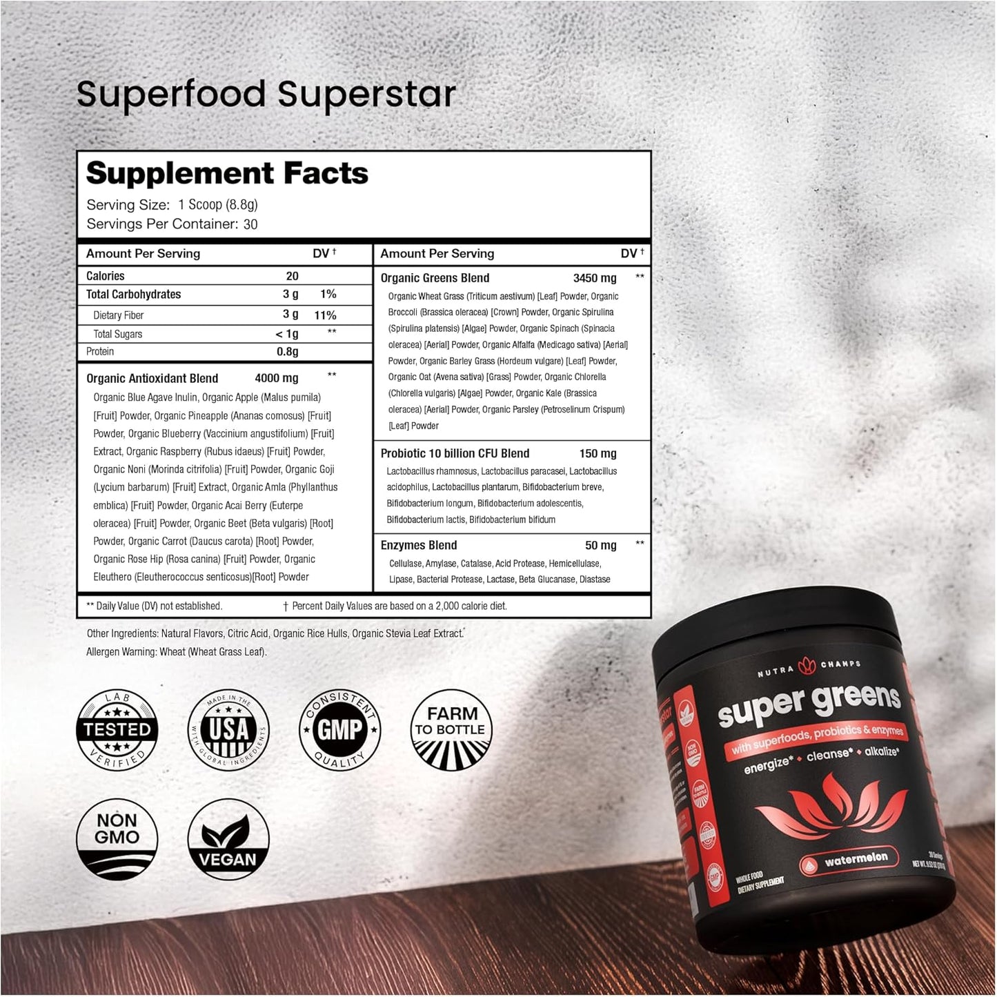 NutraChamps Super Greens Powder Premium Superfood | 20+ Organic Green Veggie Whole Foods | Alfalfa, Spirulina, Chlorella & More | Antioxidant, Digestive Enzyme & Probiotic Blends | Watermelon
