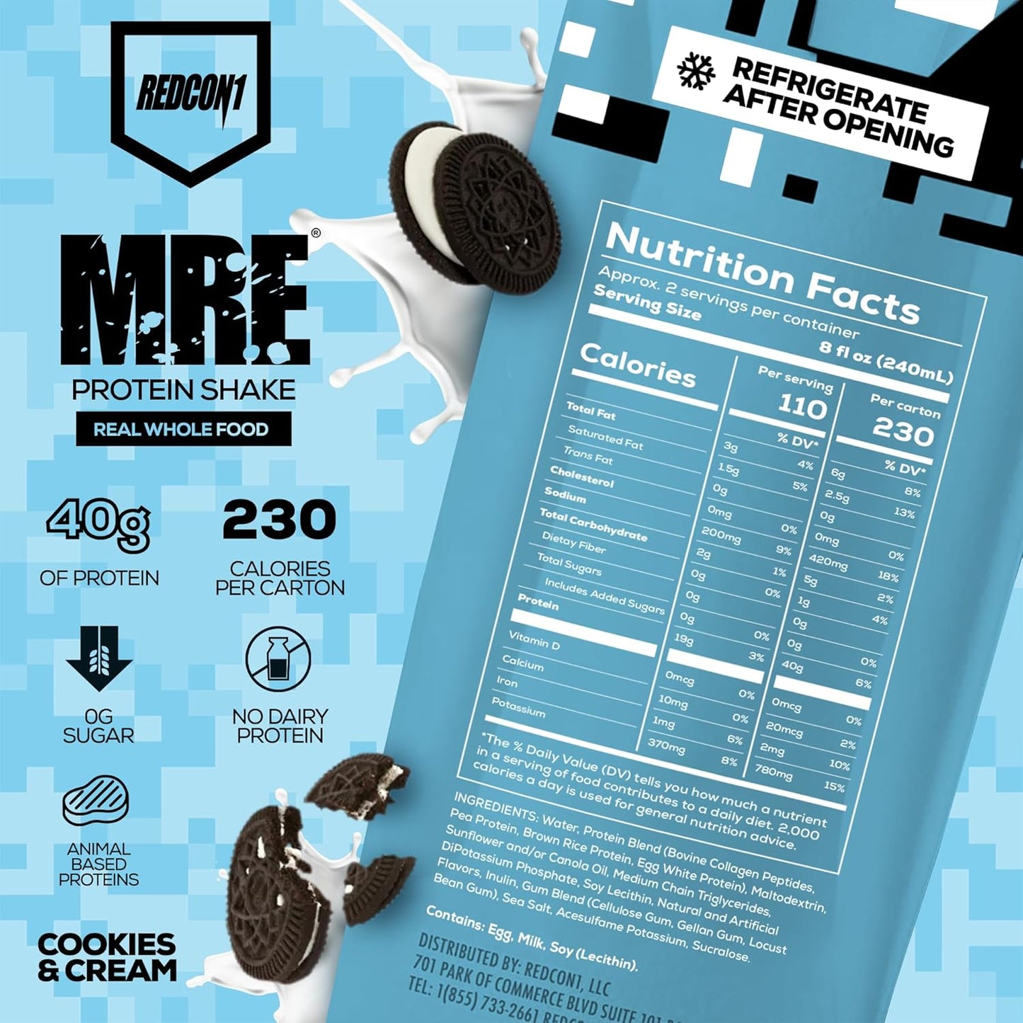 REDCON1 MRE Ready to Drink Protein Shakes, Cookies & Cream - Lactose + Whey Free RTD Protein Made with Real Whole Food Protein Blends - Keto-Friendly and Easy to Digest Nutritional Shake (12 Pack)
