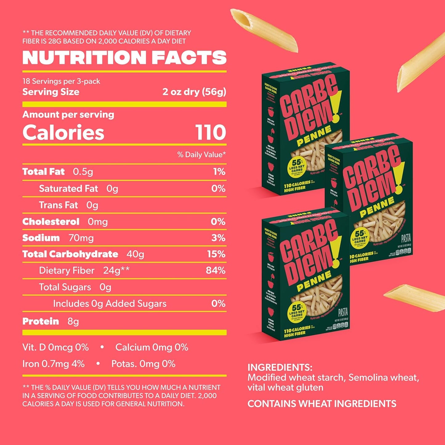 Carbe Diem!, Penne, Lower Net Carb Pasta with Traditional Flavor & Texture, 55% Fewer Net Carbs & Only 110 Calories Per Serving, Pack of 3