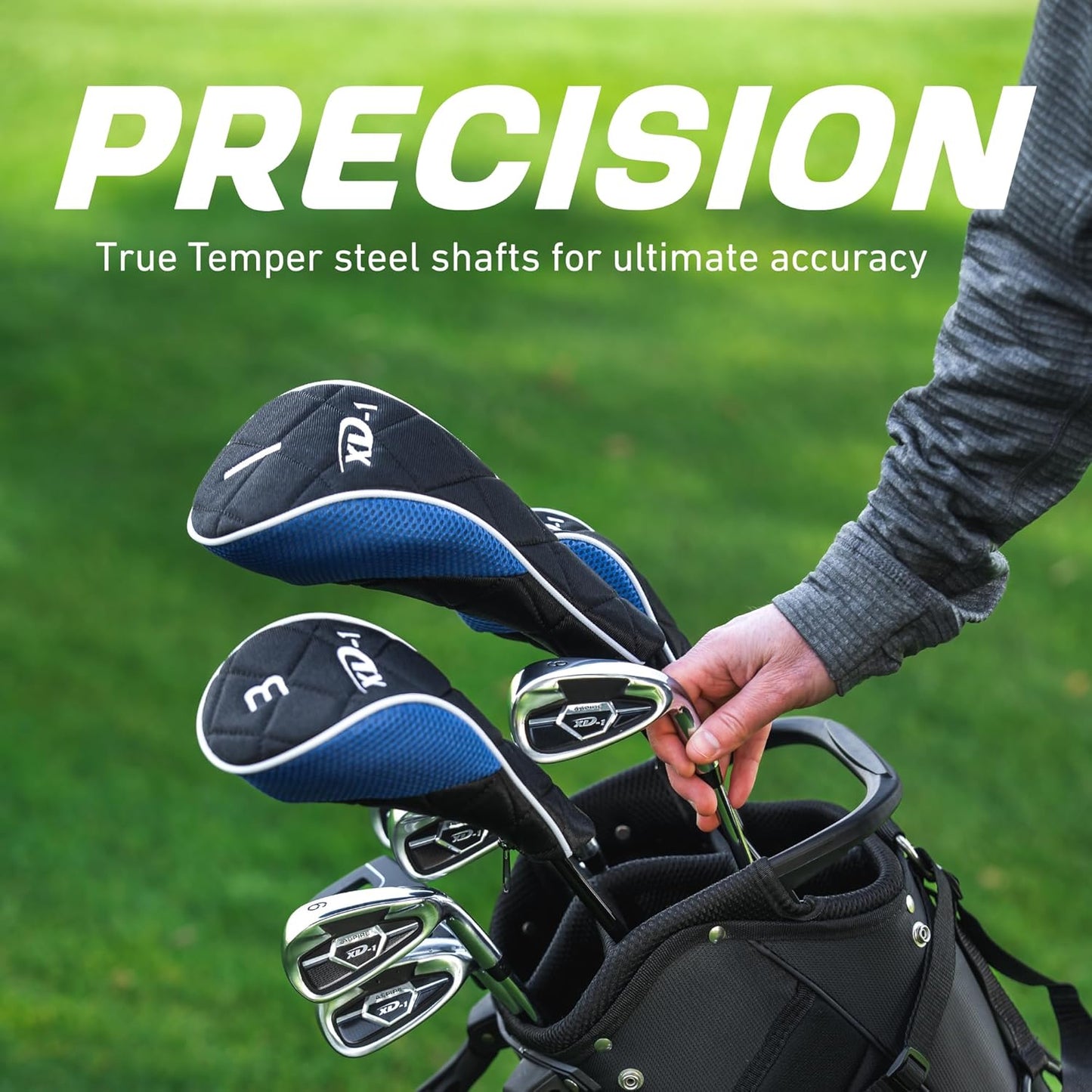 Aspire XD1 Complete Mens Golf Club Set, Includes Titanium Driver, S.S. Fairway, S.S. Hybrid, S.S. 6-PW Irons, Putter, Bag, 3 H/C's, Right & Left Handed Golf Clubs