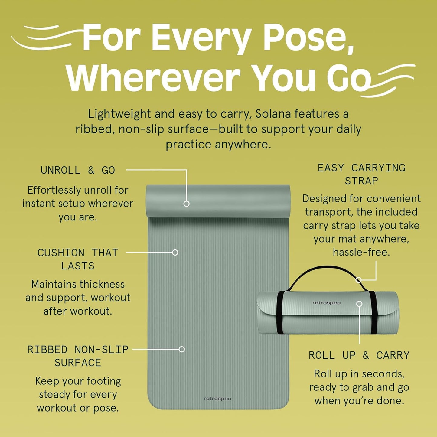 Retrospec Solana Yoga Mat 1" Thick With Nylon Carry Strap for Men & Women - Non Slip Exercise Mat for Home Yoga, Pilates, Stretching, Floor & Fitness Workouts