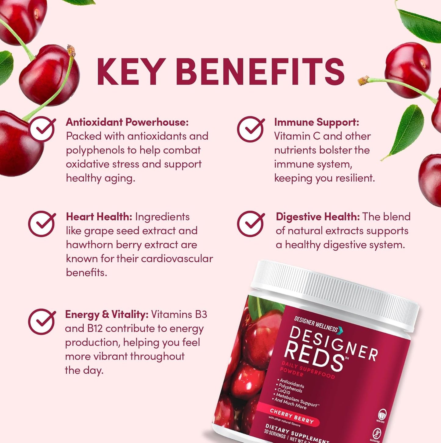 Designer Wellness, Designer Reds, Daily Superfood Powder with Beet Root, Support for Energy, Stress, Immune Health, Heart Health, and Digestive Health, Cherry Berry, 30 Servings