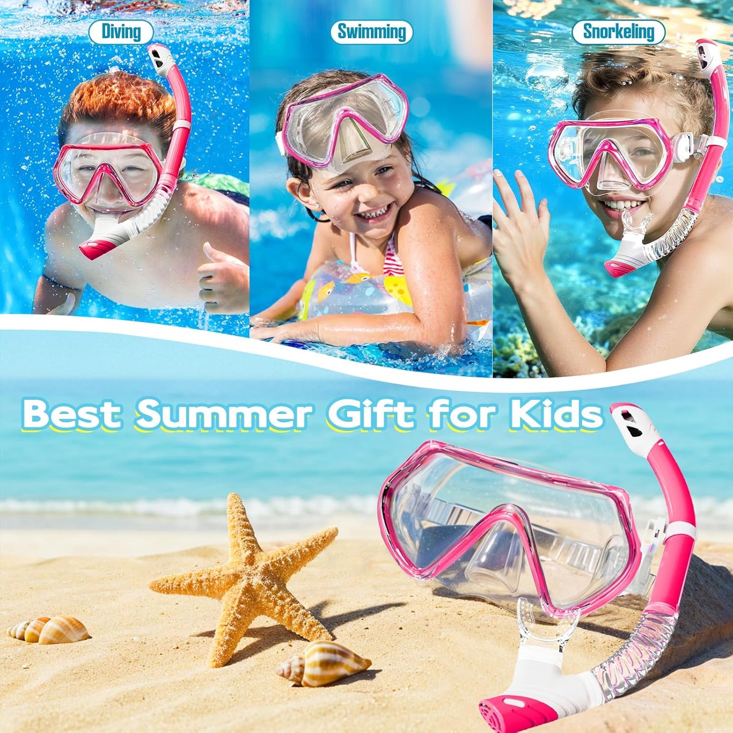 Snorkeling Gear for Kids, Kids Snorkel Set for Ages 3-14, Anti-Fog Diving Mask and Dry Top Snorkel Combo Set, Unisex Swimming Goggles