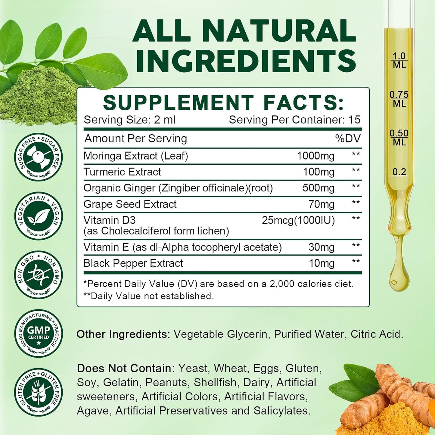 (2 Pack) Organic Moringa Liquid Drops, Moringa Supplement with Turmeric, Black Pepper, Grape Seed Extract, Pure Moringa Oleifera Leaf Extract for Skin, Gut, Immune Support, More Potency Than Powder