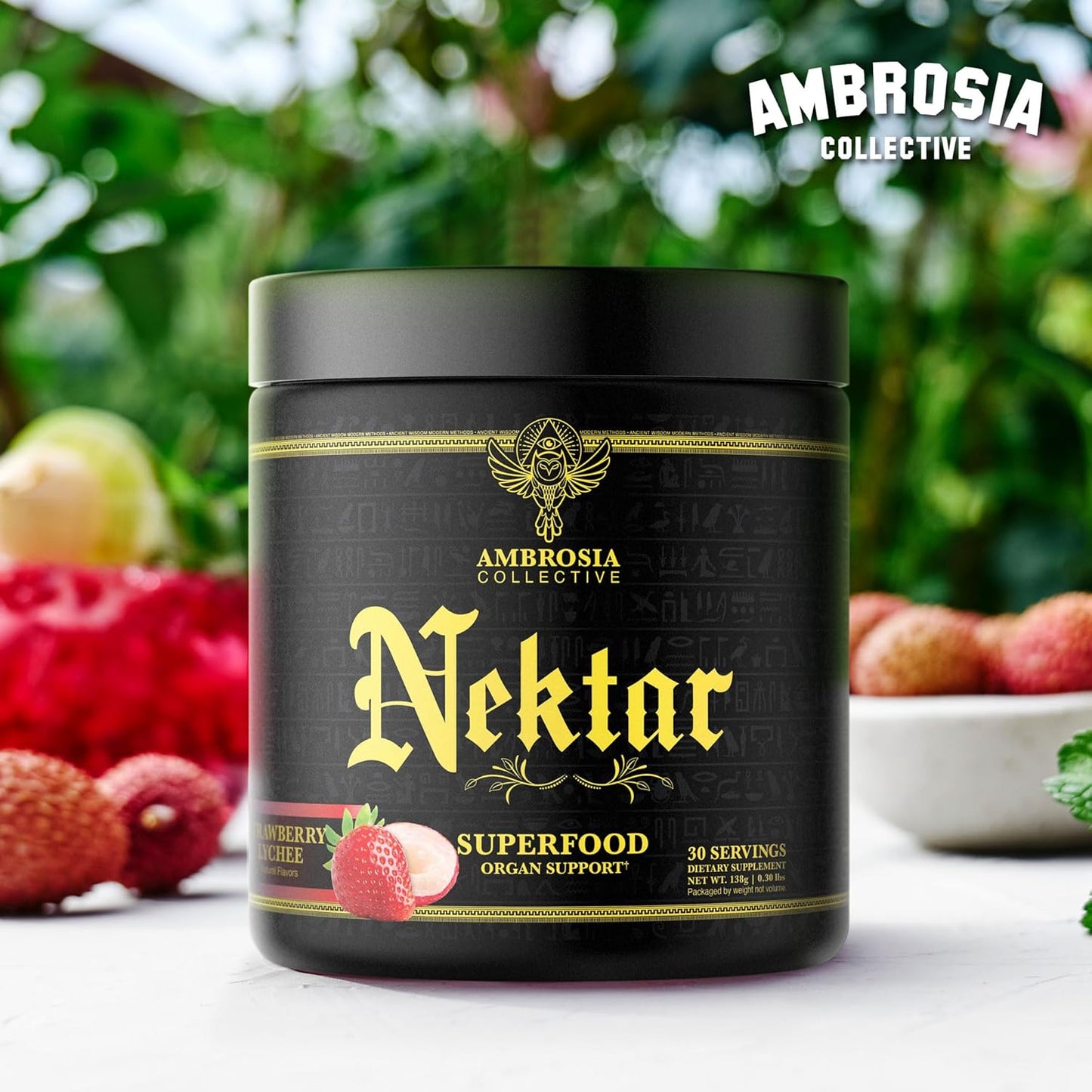 Ambrosia Nektar Superfood Health Supplement Powder, 30 Servings, Strawberry Lychee Flavor