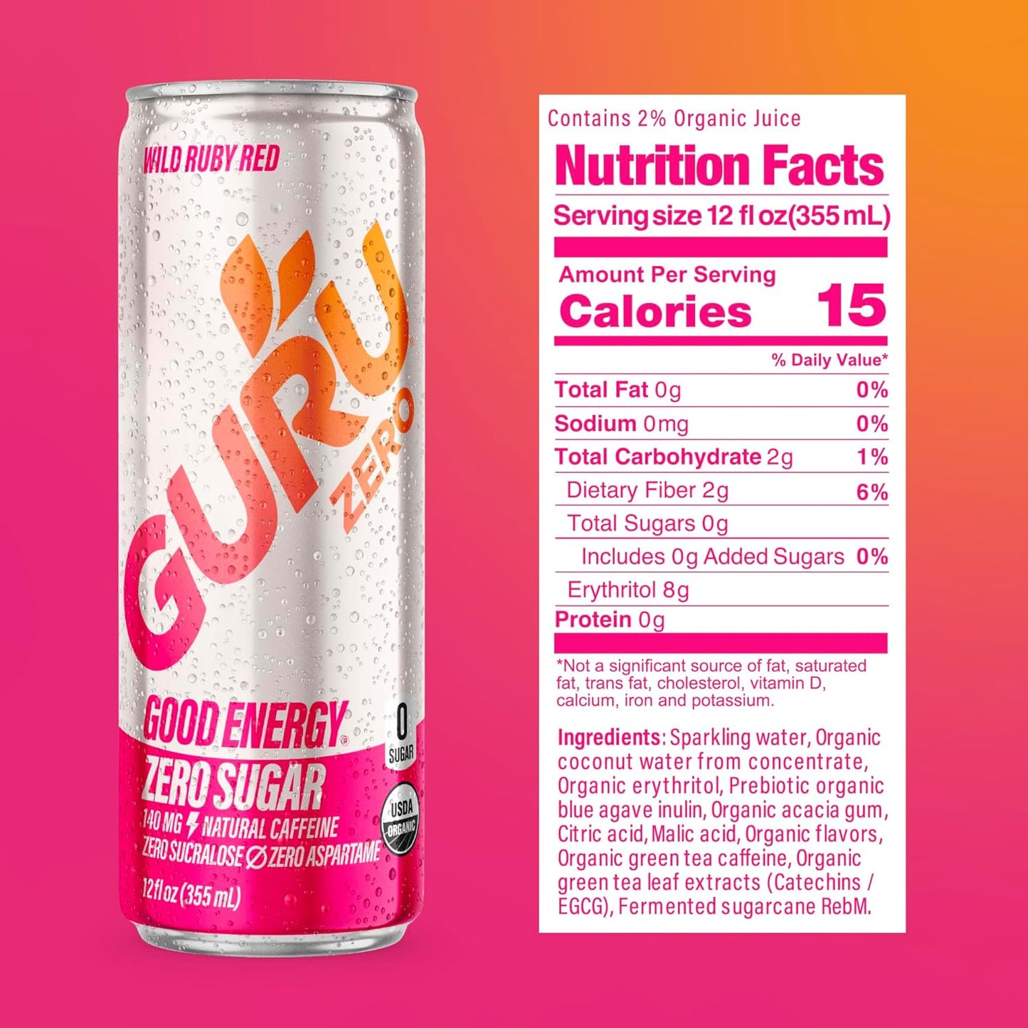 GURU ZERO SUGAR Wild Ruby Red Organic Energy Drinks, Clean Energy Drink with Plant Based Natural Caffeine from Green Tea, Coconut Water, Prebiotic, Zero Added sugars, Gluten Free and Vegan, Pre Workout, Healthy Drinks, 12oz (Pack of 24)