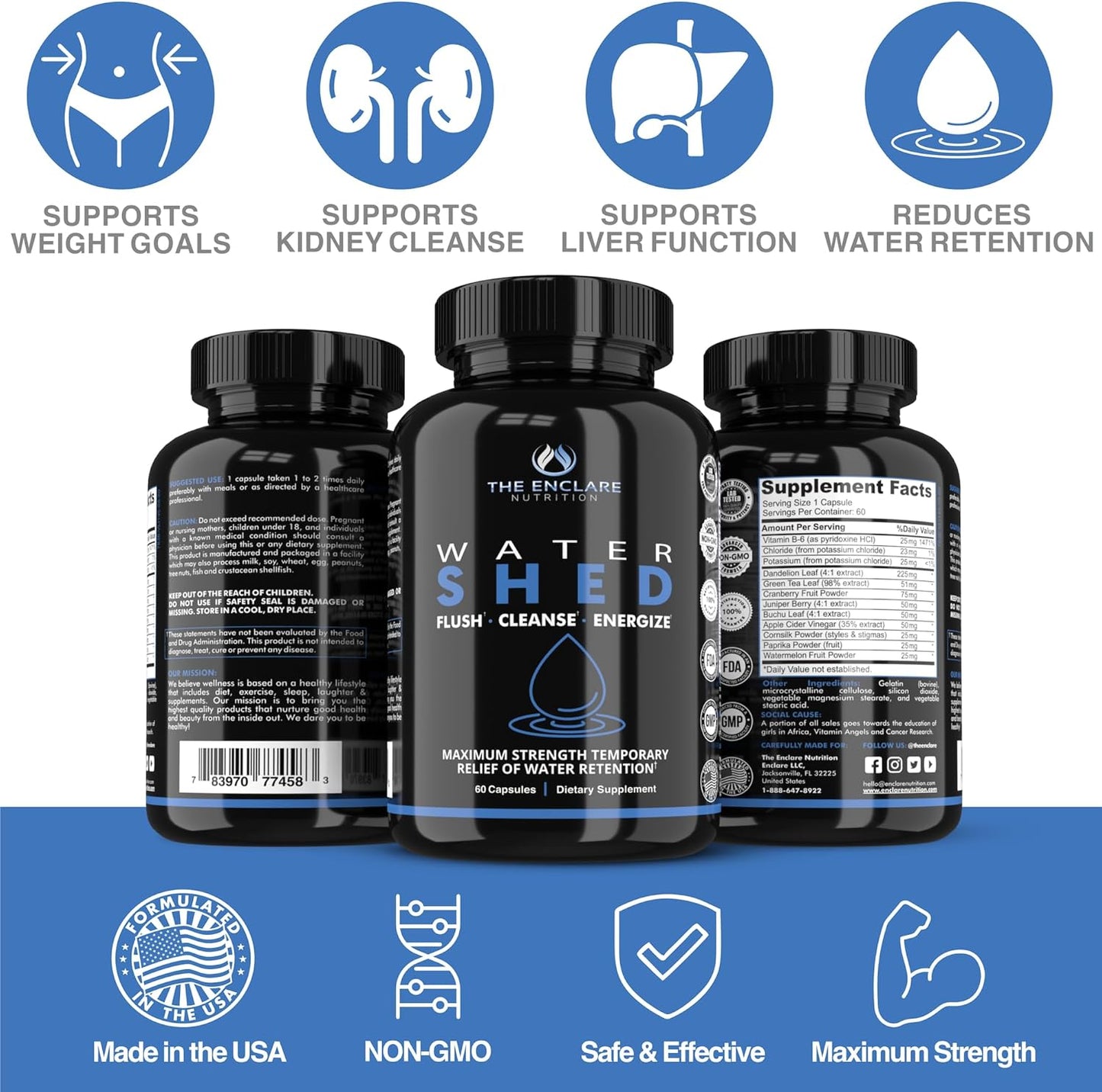 Water Pills Diuretic Water Retention, Liver Detox, Kidney Cleanse, Weight, Swelling, Edema, Bloating Relief, Fluid Balance Watershed Max Strength (1)