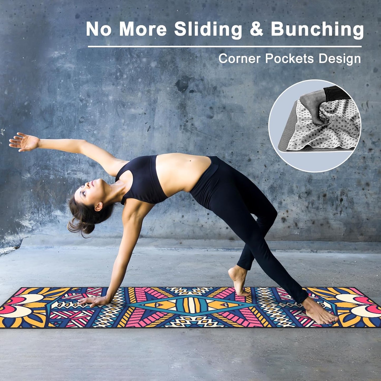 QiyI Yoga Mat Towel with Corner Pockets, Non Slip Sweat Absorbent Hot Yoga Towels, Soft Yoga Blankets with Travel Bag, Skidless Mat Cover for Workout, Gym, Fitness - 70"x26", Festival Mandala