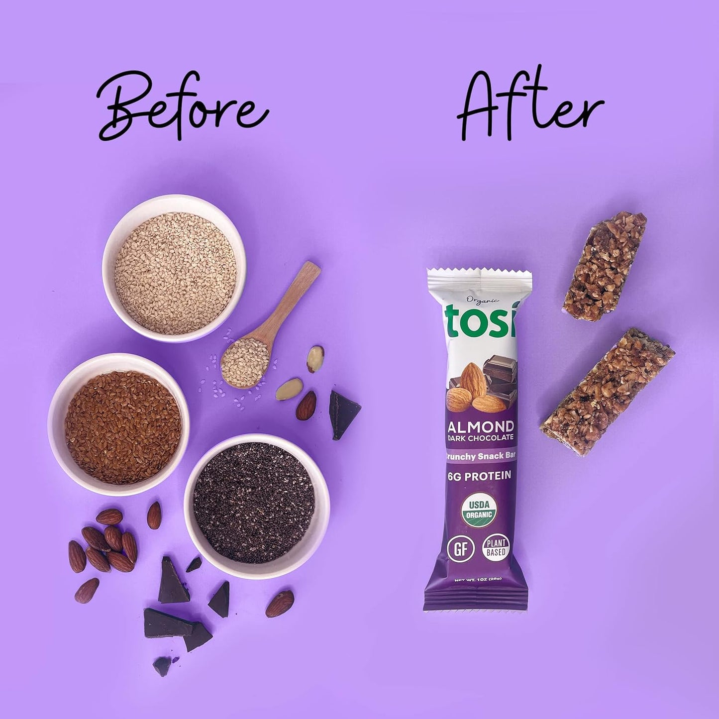 Tosi Dark Chocolate Almond Protein Bars, Plant Based with Nuts, Gluten-Free Crunchy Snacks, Vegan, Organic, Flax & Chia Seeds, Soy-Free, Omega 3s, 6G Protein, 1 oz, 12-Pack