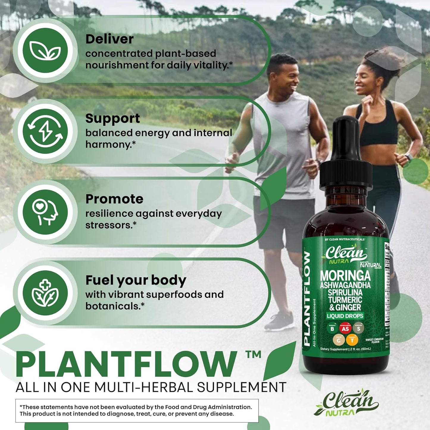 Clean Nutra Moringa Supplement Drops Ashwagandha Spirulina Chlorella Turmeric & Ginger Liquid Barley Grass with Chlorophyll Blue Green Algae Vitamin C Antioxidant Holy Basil Ceylon Cinnamon PlantFlow
