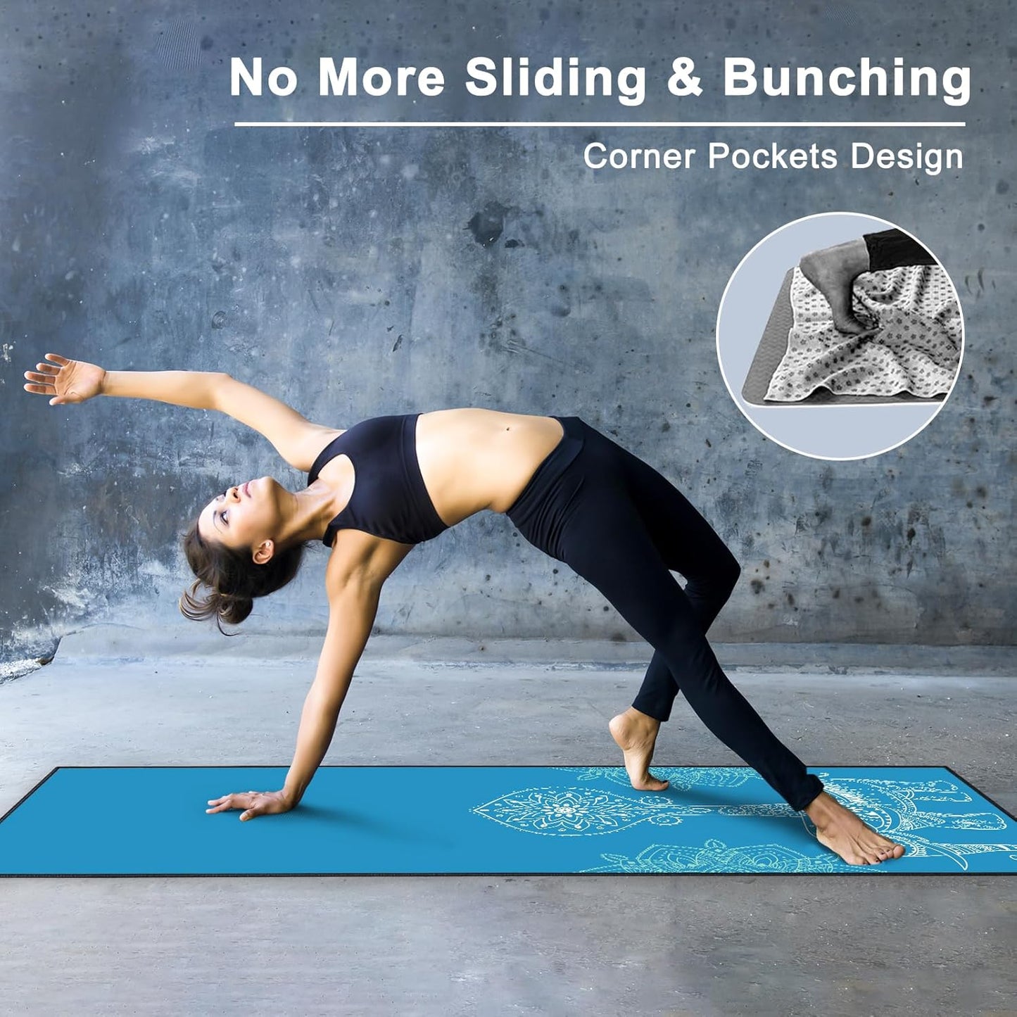 QiyI Yoga Mat Towel with Corner Pockets, Non Slip Sweat Absorbent Hot Yoga Towels, Soft Yoga Blankets with Travel Bag, Skidless Mat Cover for Workout, Gym, Fitness - 70"x26", Blue Mandala Elephant