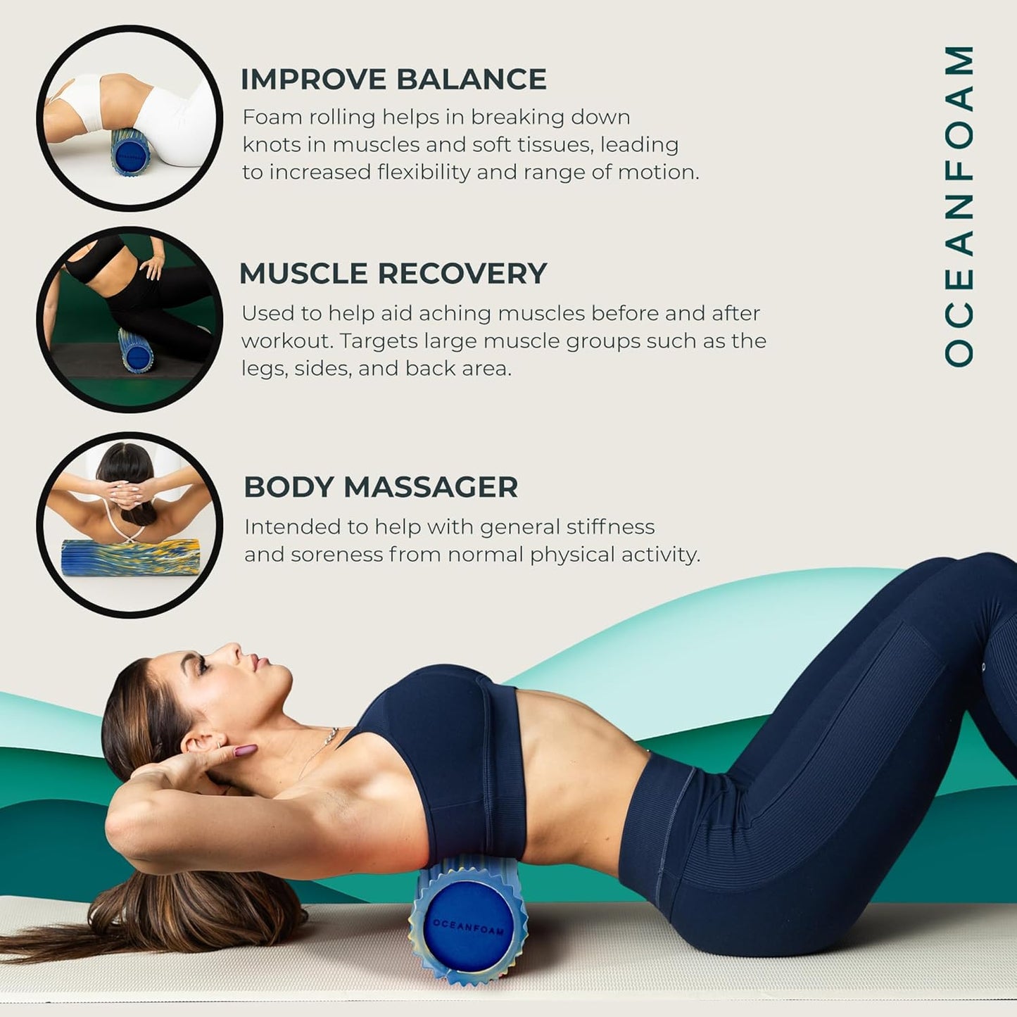 Oceanfoam Tidal Roller - Royal, Gold & Natural Marbled - Muscle Massage Foam Roller for Back Pain & Stretching - Firm & Ergonomic Wide Wave Textured - Yoga, Athletics, & Wellness - Full Size, 20" x 5"