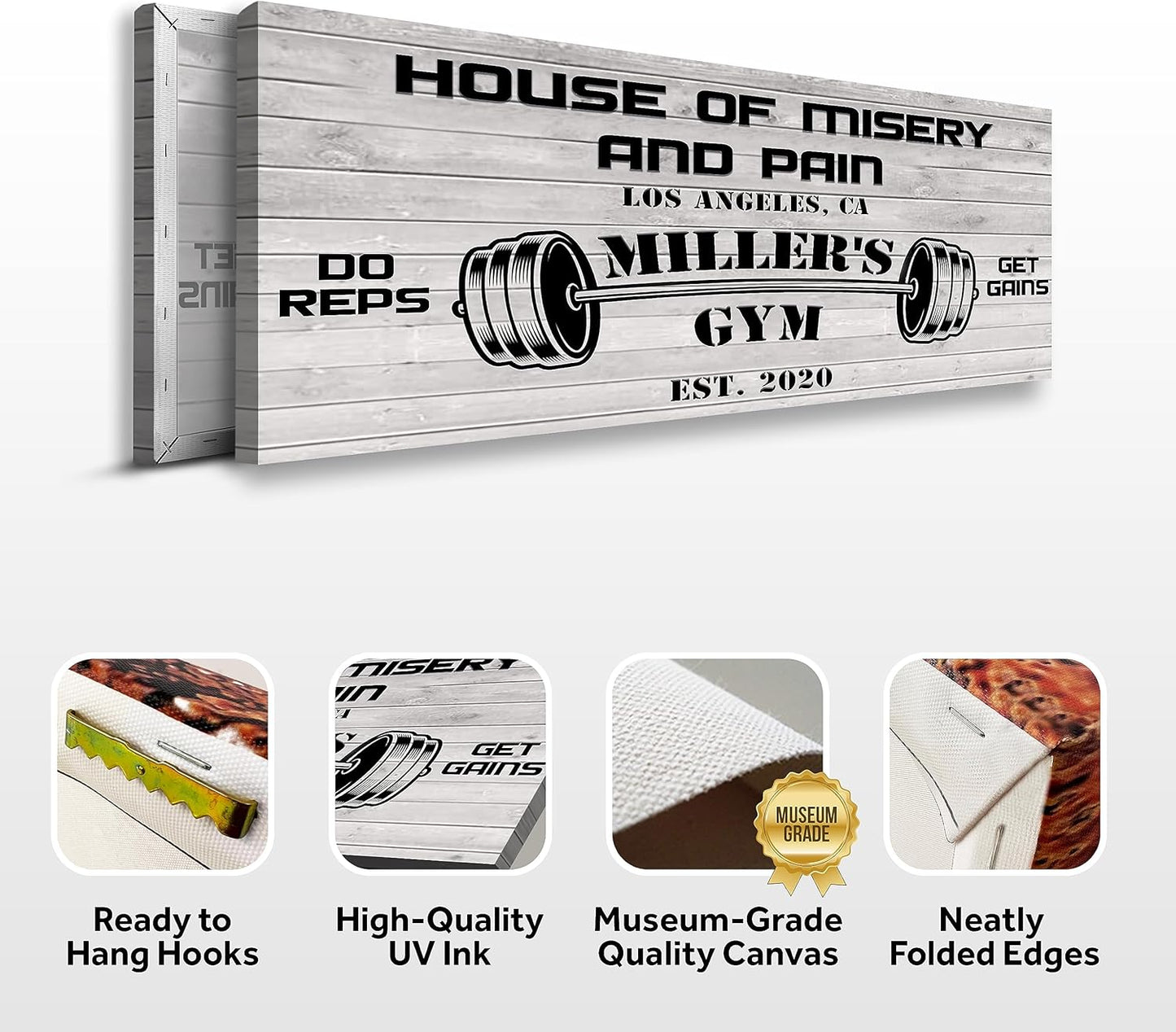 Tailored Canvases Personalized Gym Sign Wall Art Decor - Motivational Canvas for Home Gym, Workout Room, Garage, Fitness Center - Workout Inspirational Posters - House of Misery and Pain, White Wood 36x12in