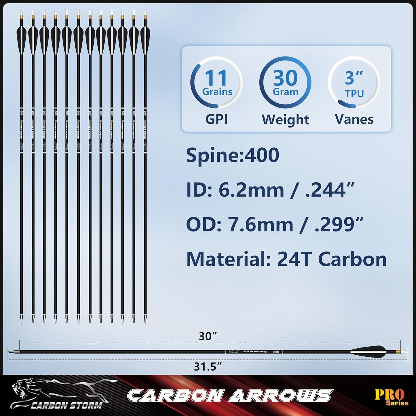 SUNYA 12-Pack 30 Inch Carbon Arrows Spine 500 or 400 for 40-60 LBS Bows｜Switch to Recurve/Compound Modes, Anti-Loose O-Ring & TPU Vanes for Hunting/Target Practice