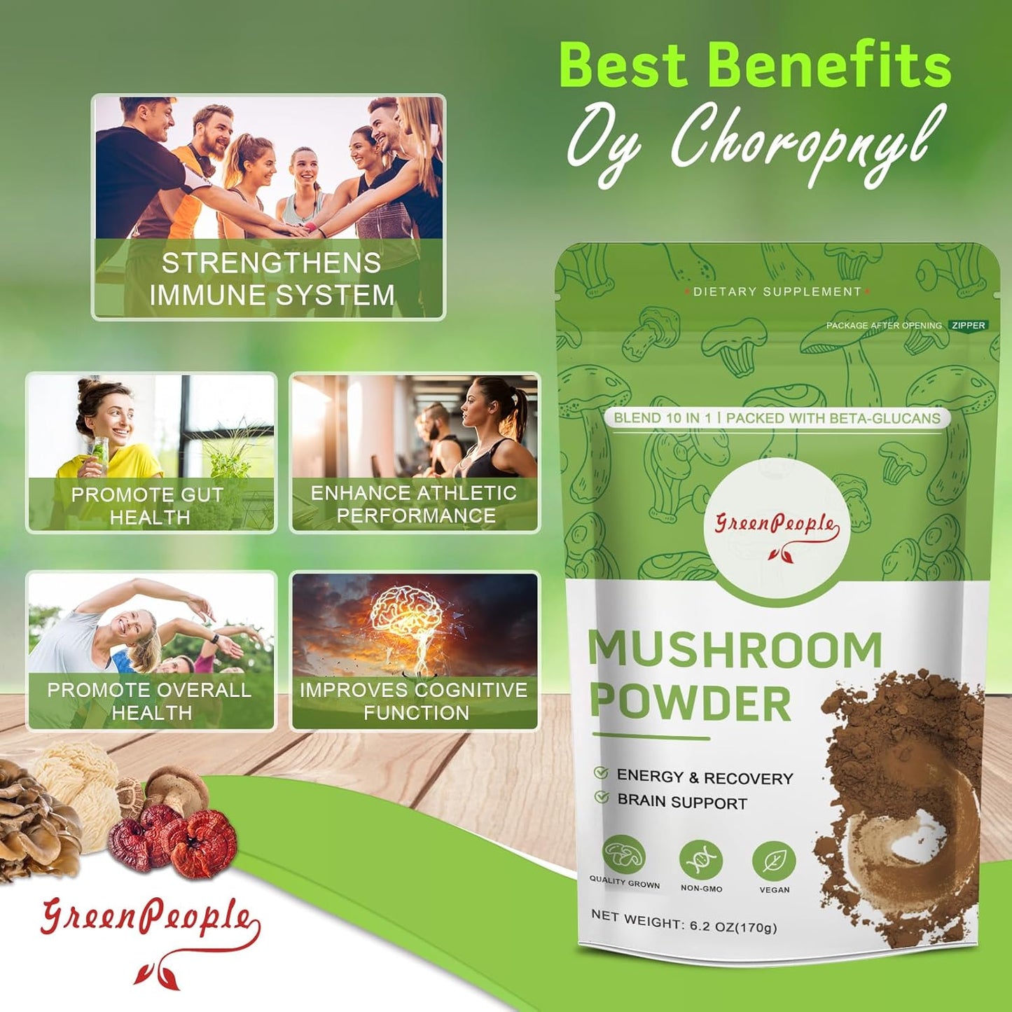 Mushroom Powder Mushroom Supplement - 10-in-1 Mushrooms Lions Mane Powder with Reishi/Cordyceps/Chaga/Turkey Tail/Maitake/Complex for Cognitive Function & Immune Support 60 Servings