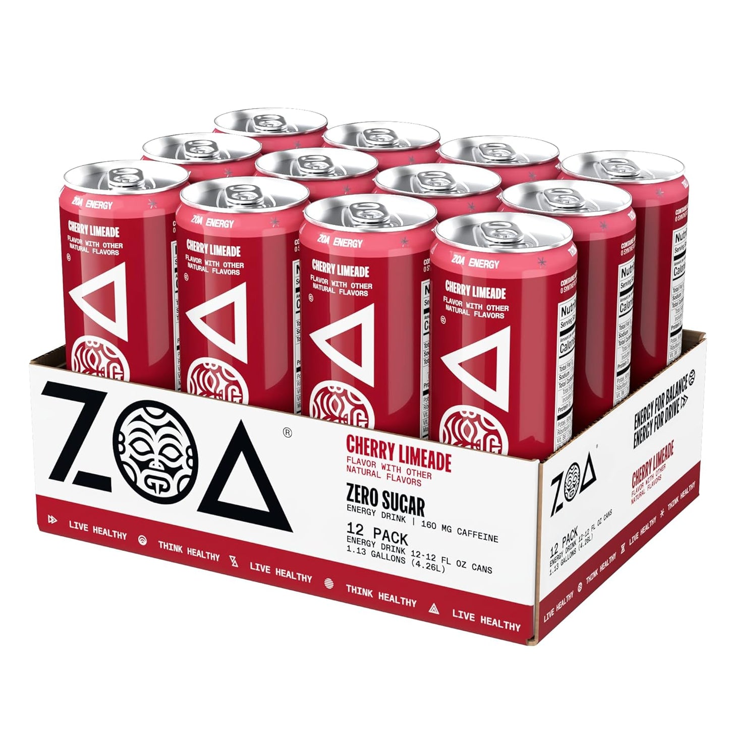 ZOA Zero Sugar Energy Drinks, Cherry Limeade - Sugar Free with Electrolytes, Healthy Vitamin C, Amino Acids, Essential B-Vitamins, and Caffeine from Green Tea - 12 Fl Oz (12-Pack)